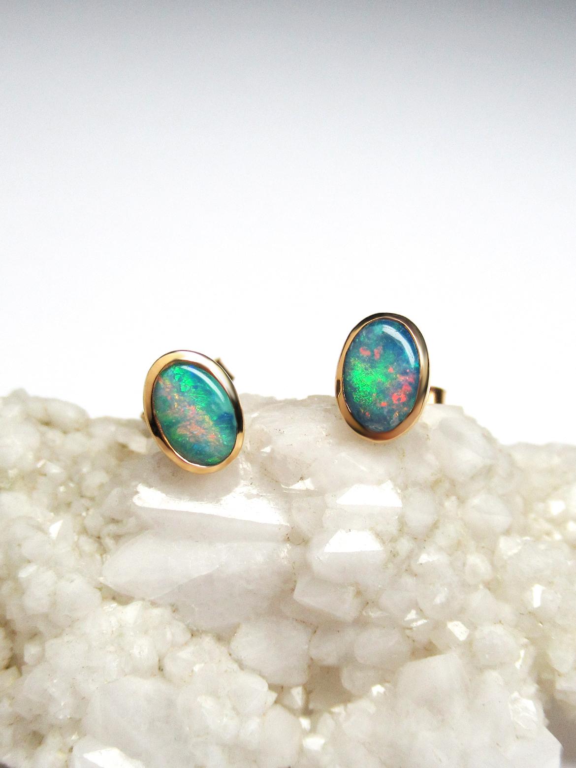 Opal Studs 18K Gold Earrings Natural Australian Opal For Sale 3