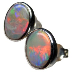 Opal Studs Silver Earrings Australian Natural Blue Green Gemstone Unisex Jewelry