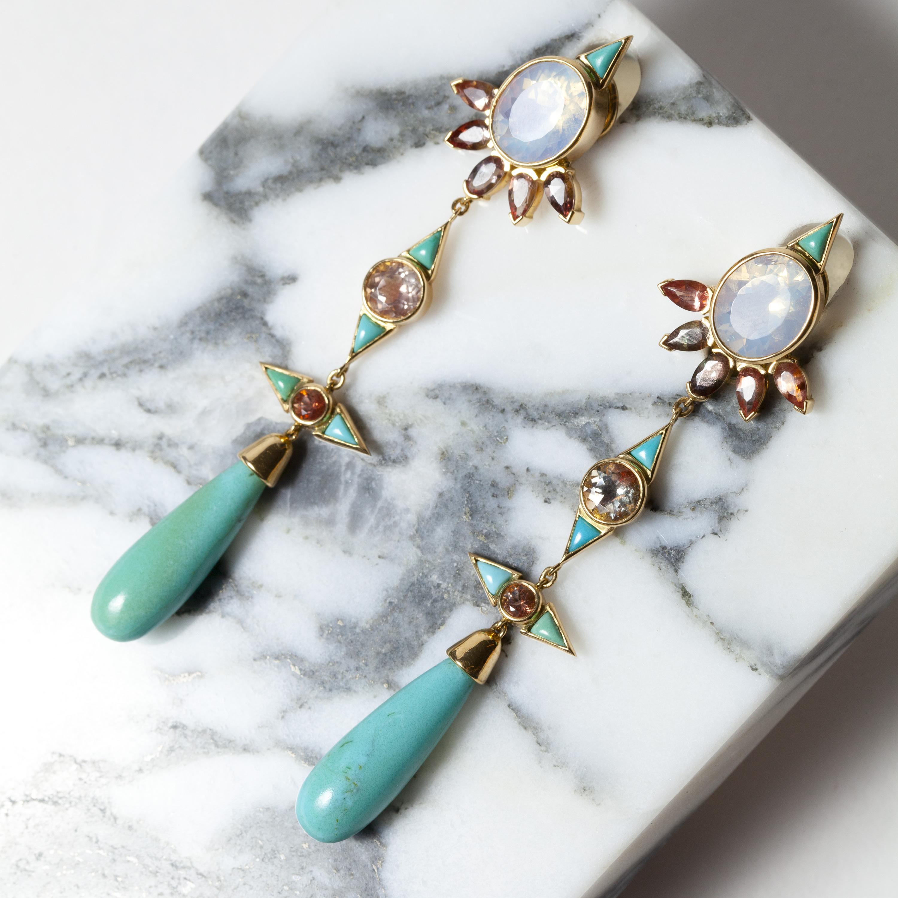 Mociun Opal, Sunstone and Turquoise Earrings In New Condition For Sale In Brooklyn, NY