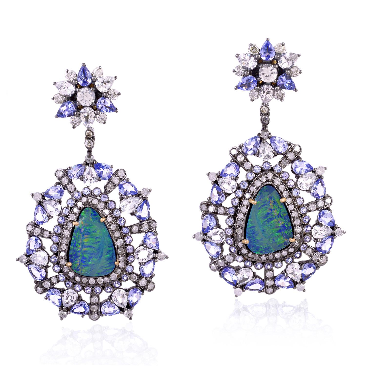 Cabochon Opal Tanzanite Diamond Earrings For Sale