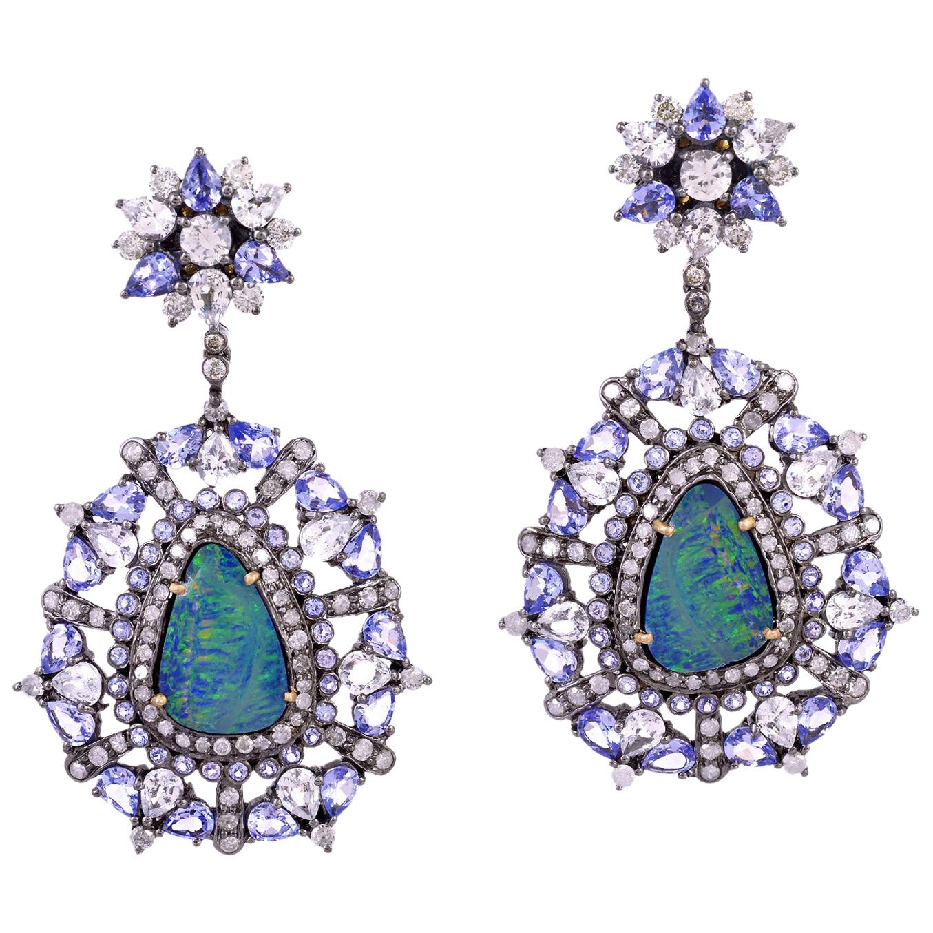Boucles d'oreilles en opale, tanzanite et diamant