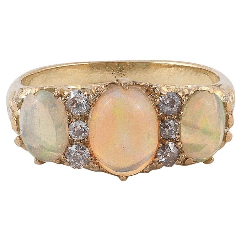 Opal Three-Stone and Old-Cut Diamond Ring For Sale at 1stdibs