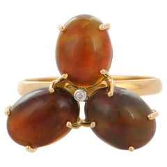 Opal Three Stone Cocktail Ring with Diamonds in 18K Yellow Gold
