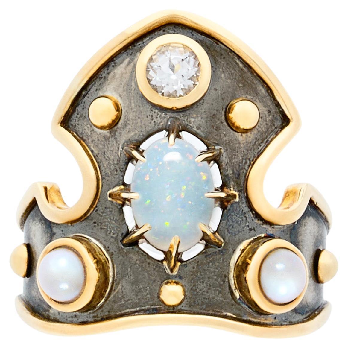 Opal, Topaz & Akoya Pearls Blason Ring in 18k Yellow Gold by Elie Top