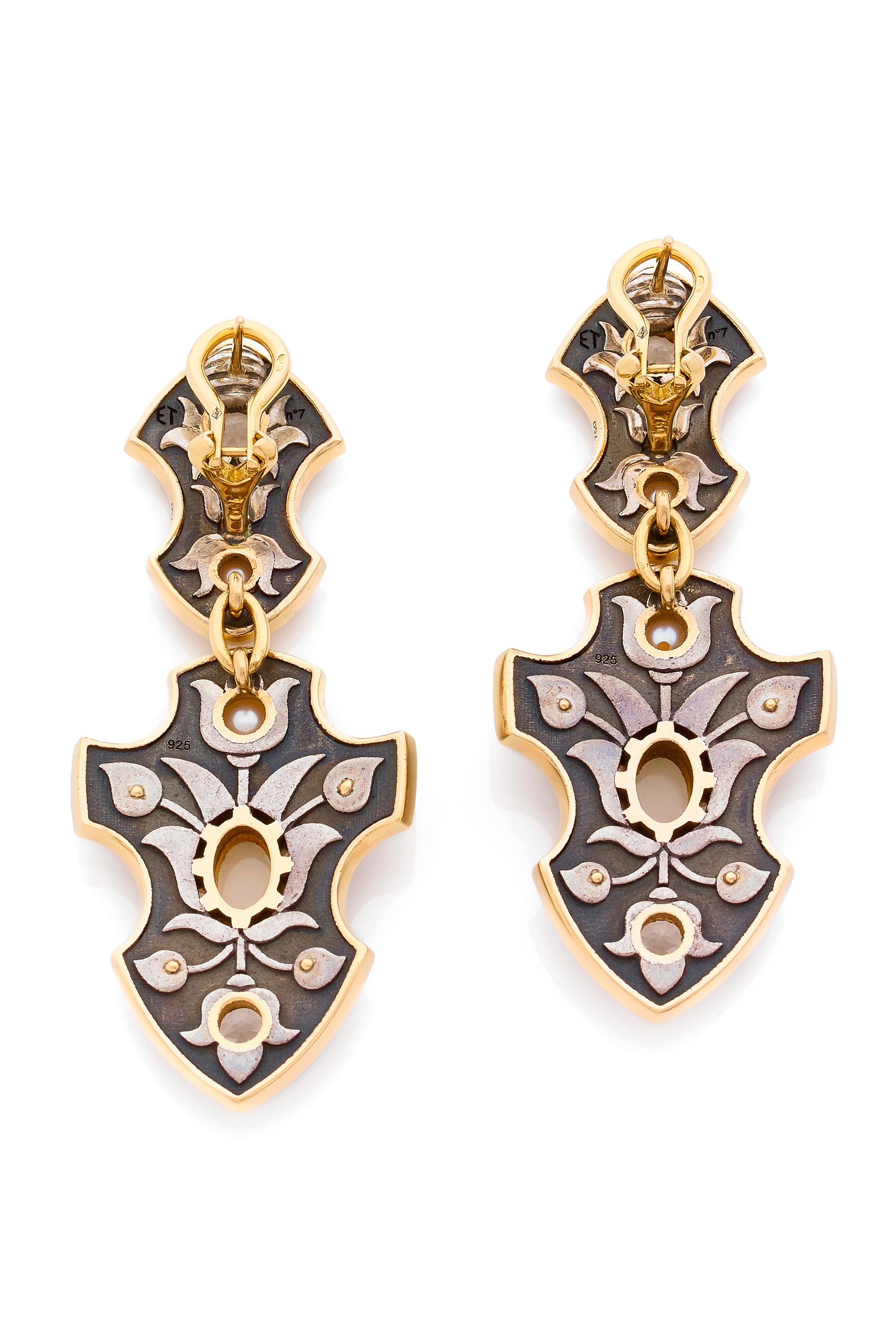 Neoclassical Opal, Topaz and Akoya Pearls Blason Earrings in 18k Yellow Gold by Elie Top For Sale