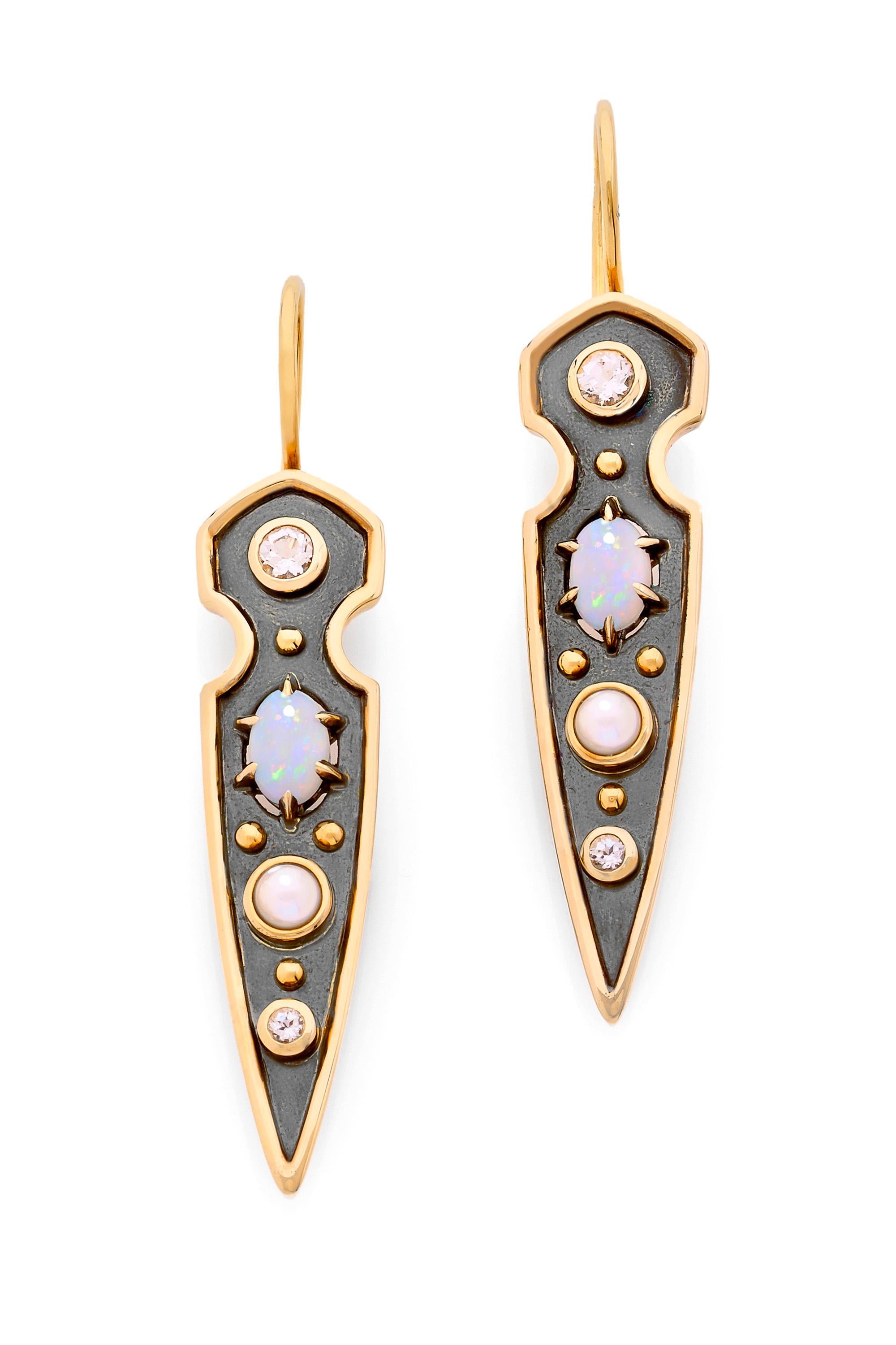 Yellow gold and distressed silver earrings,  studded with opal, akoya pearls and white topazes.

Details:
Opal, Topaz and Akoya Pearls 
18k Yellow Gold: 7g  
Distressed Silver: 3g 
Made in France
