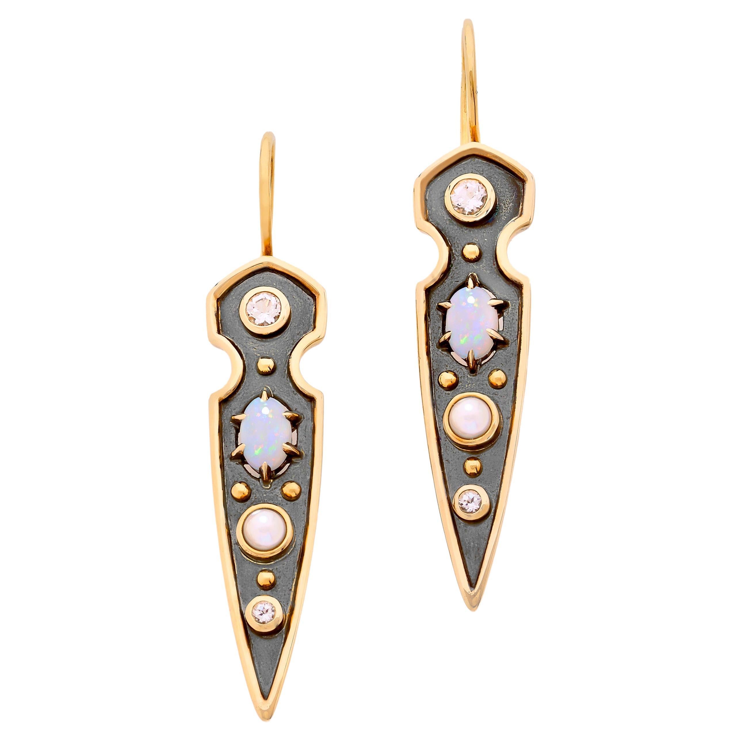 Opal, Topaz and Akoya Pearls Stylet Earrings in 18k Yellow Gold by Elie Top For Sale