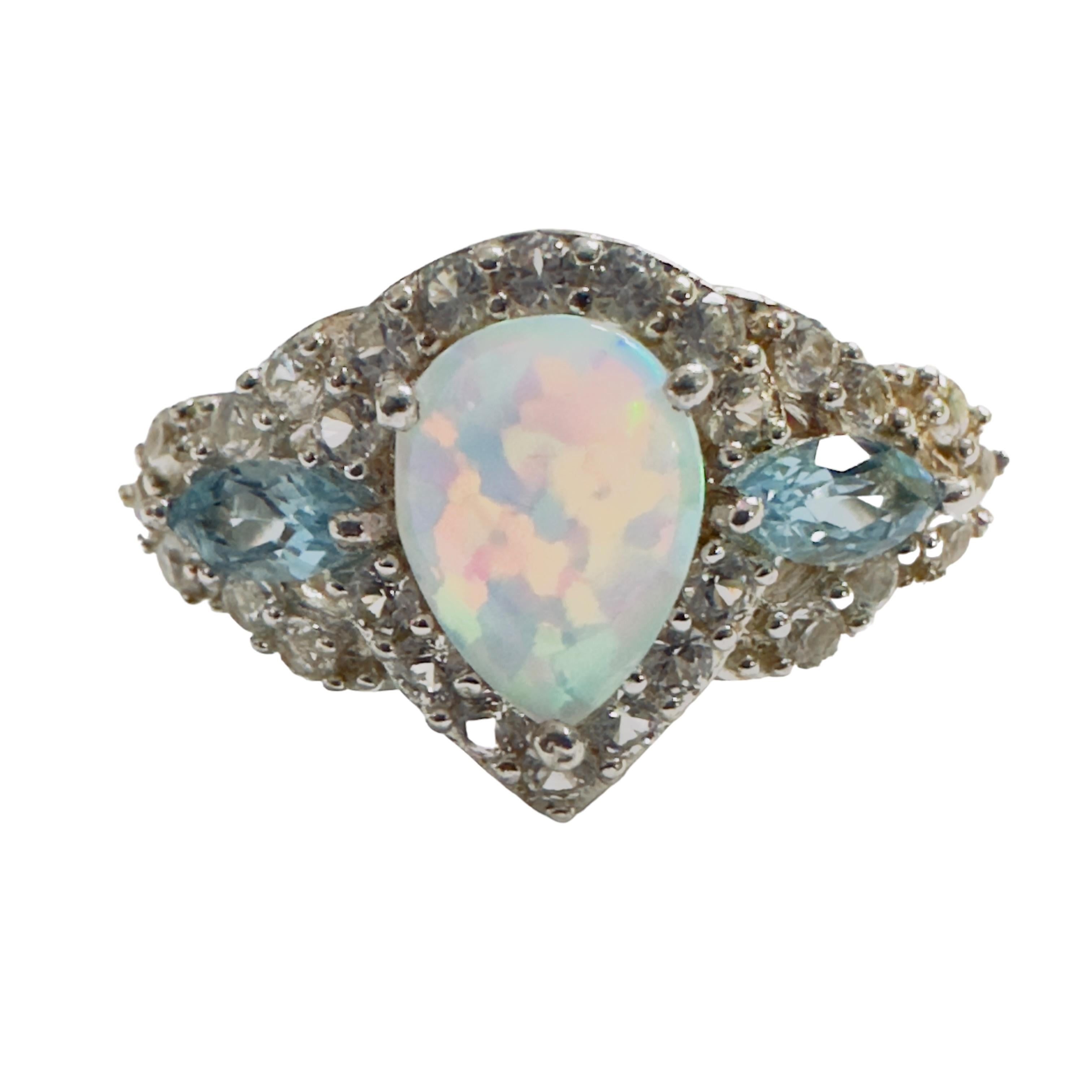 Art Deco Opal, Topaz and Sapphire Sterling Silver Ring Size 7.75