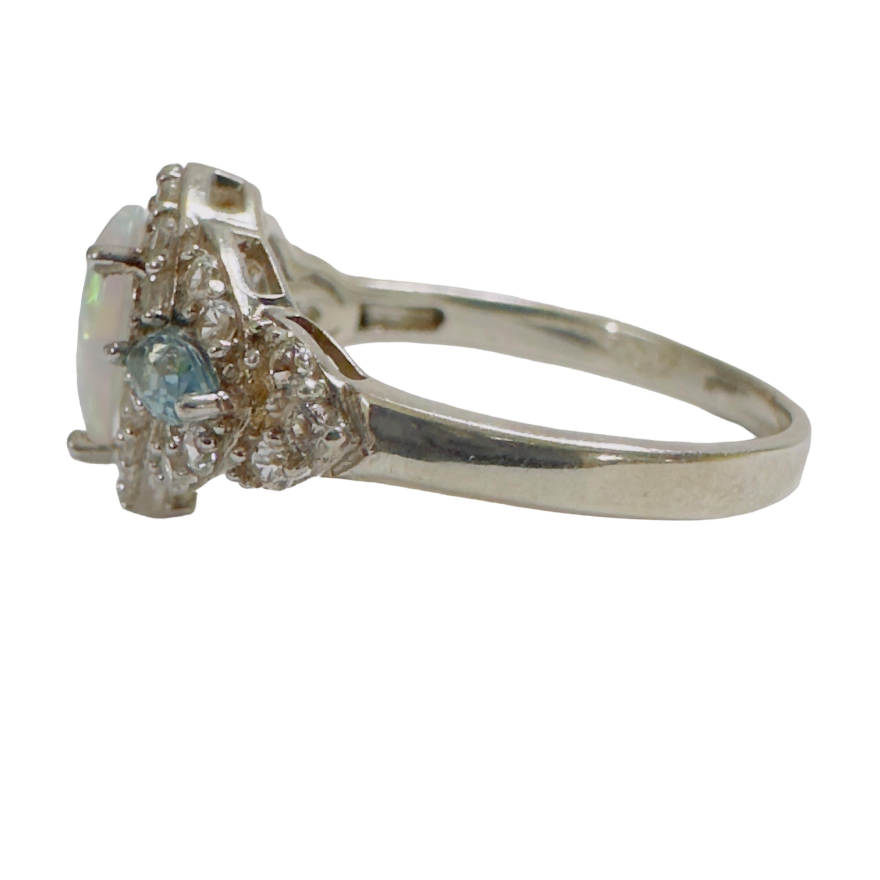 Pear Cut Opal, Topaz and Sapphire Sterling Silver Ring Size 7.75