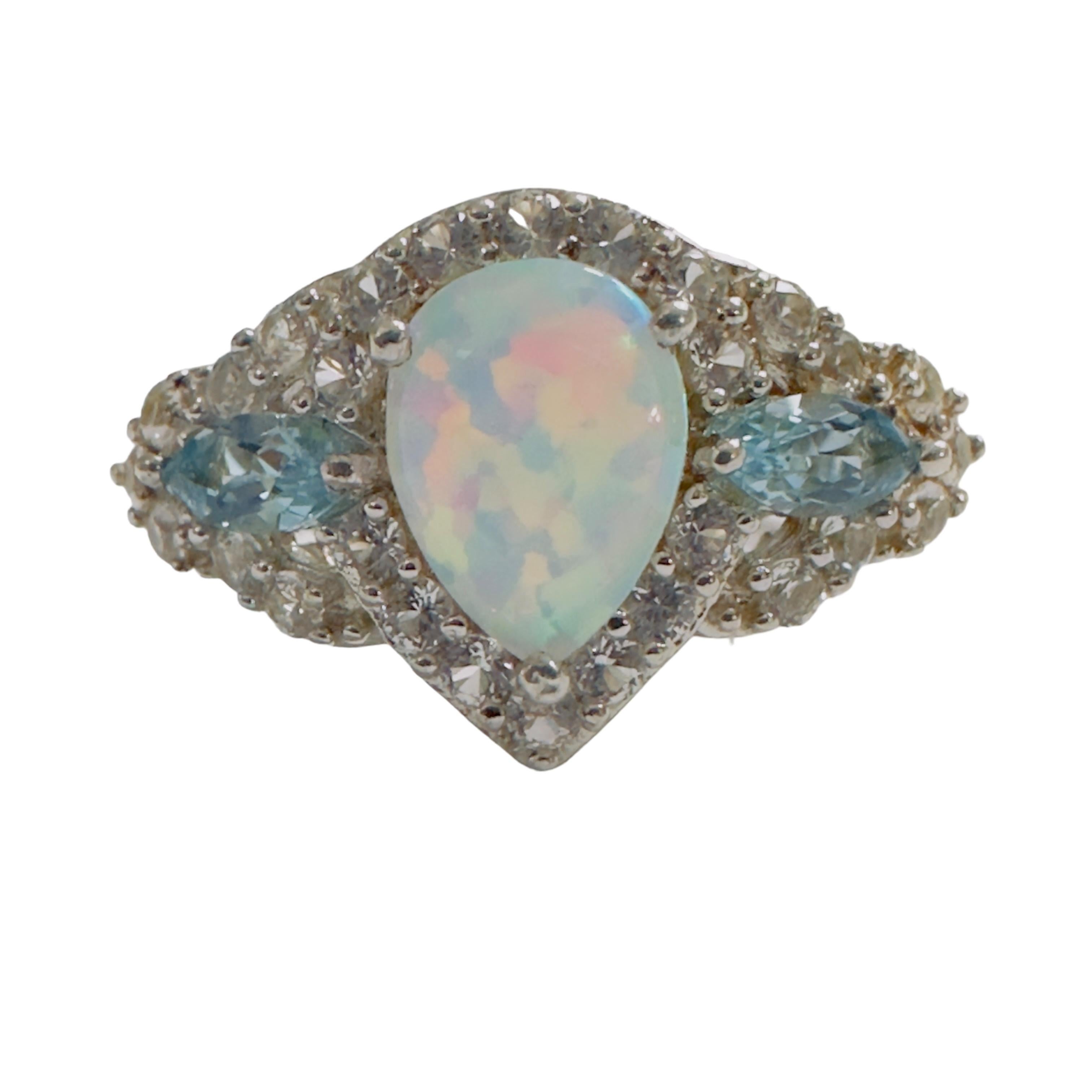 Opal, Topaz and Sapphire Sterling Silver Ring Size 7.75 In Excellent Condition In Eagan, MN