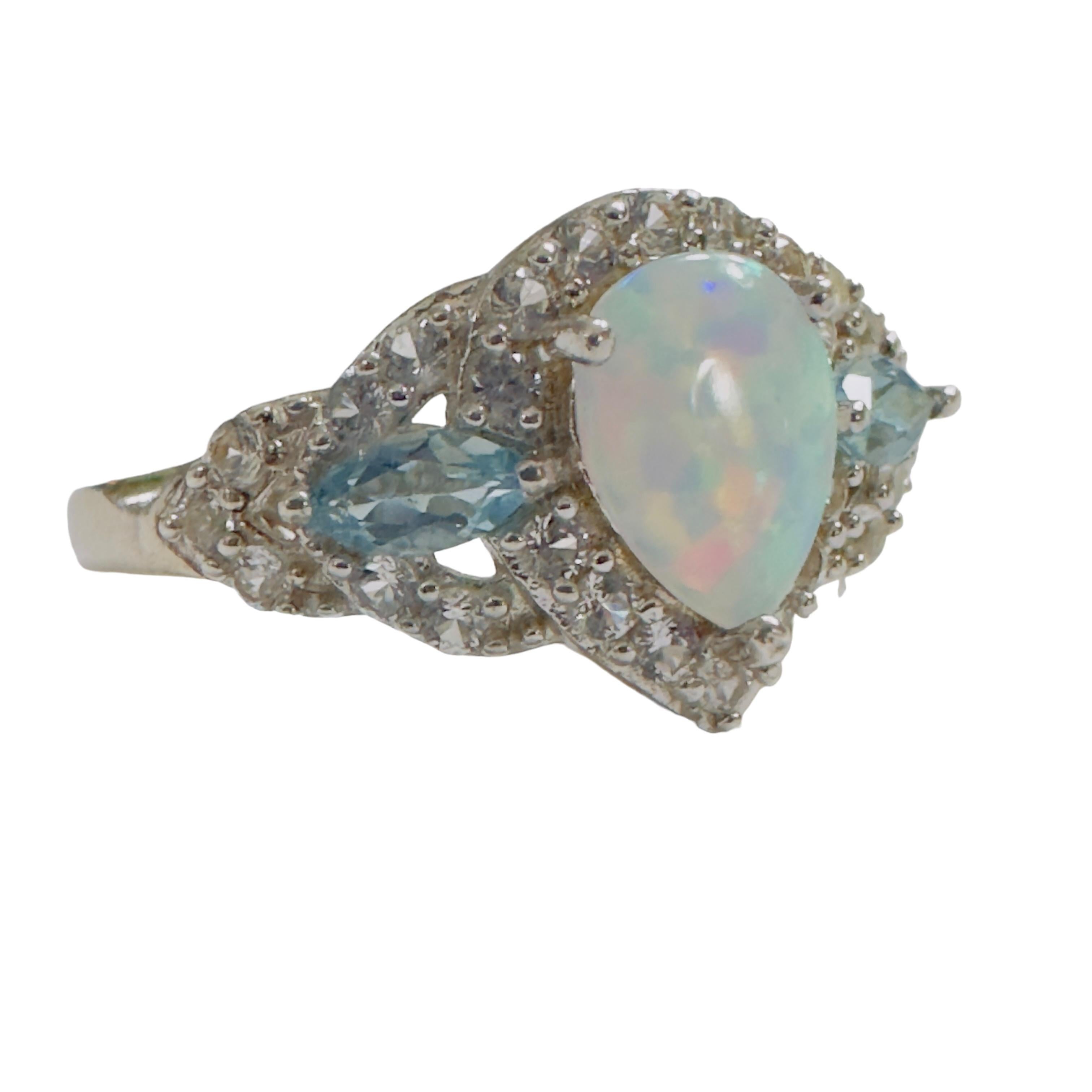 Opal, Topaz and Sapphire Sterling Silver Ring Size 7.75 2