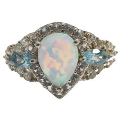 Opal, Topaz and Sapphire Sterling Silver Ring Size 7.75