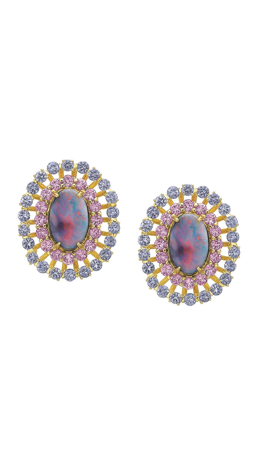 These Spectacular Australian Lightning Ridge Day to Night Earrings are a stunning combination of colors to light up the face (and the room)! 5.1 carats of Lightning Ridge Oval Black Opals and 21.05 carats of Blue Jelly Opals from the same region.