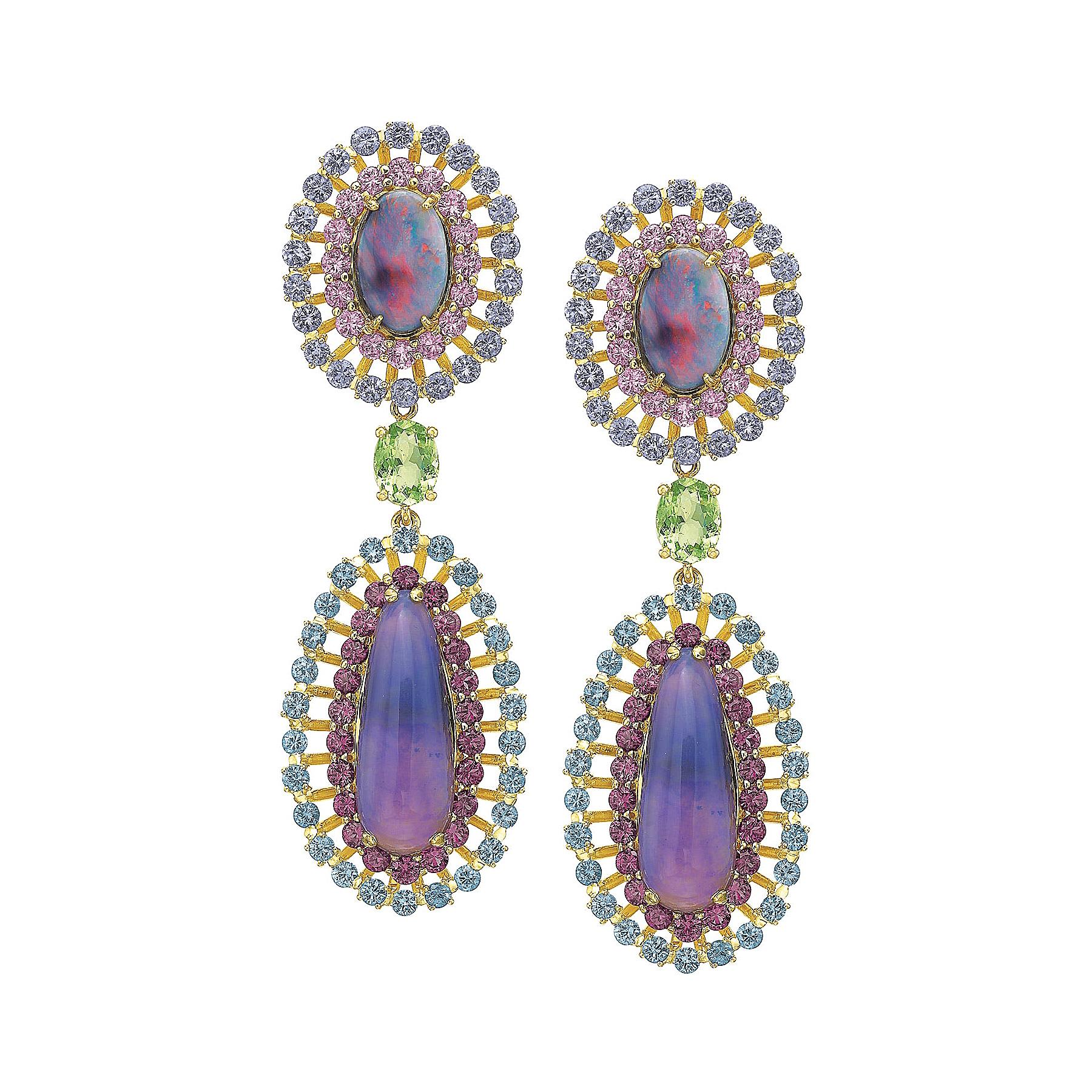 Opal, Tourmaline and Multicolored Spinel Earrings by Andrew Glassford