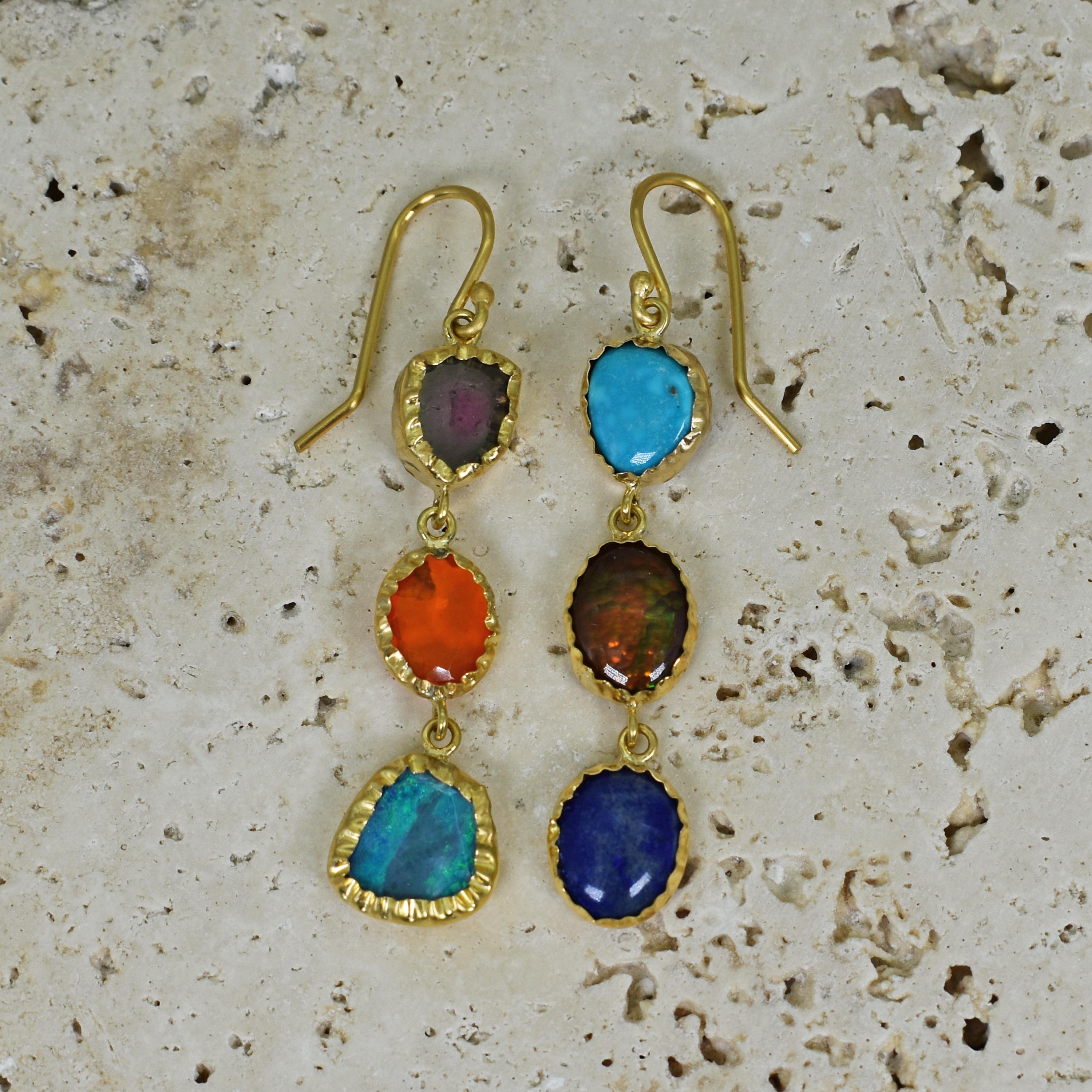 Contemporary Opal, Tourmaline and Turquoise 22 Karat Gold Dangle Earrings For Sale