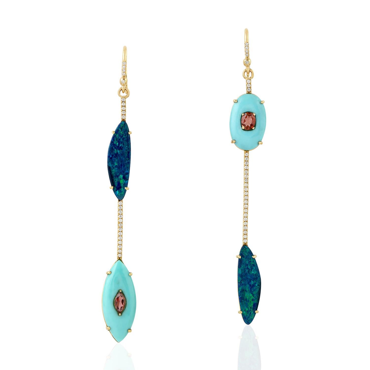 Mixed Cut Opal Tourmaline Turquoise Diamond 18 Karat Gold Linear Earrings For Sale