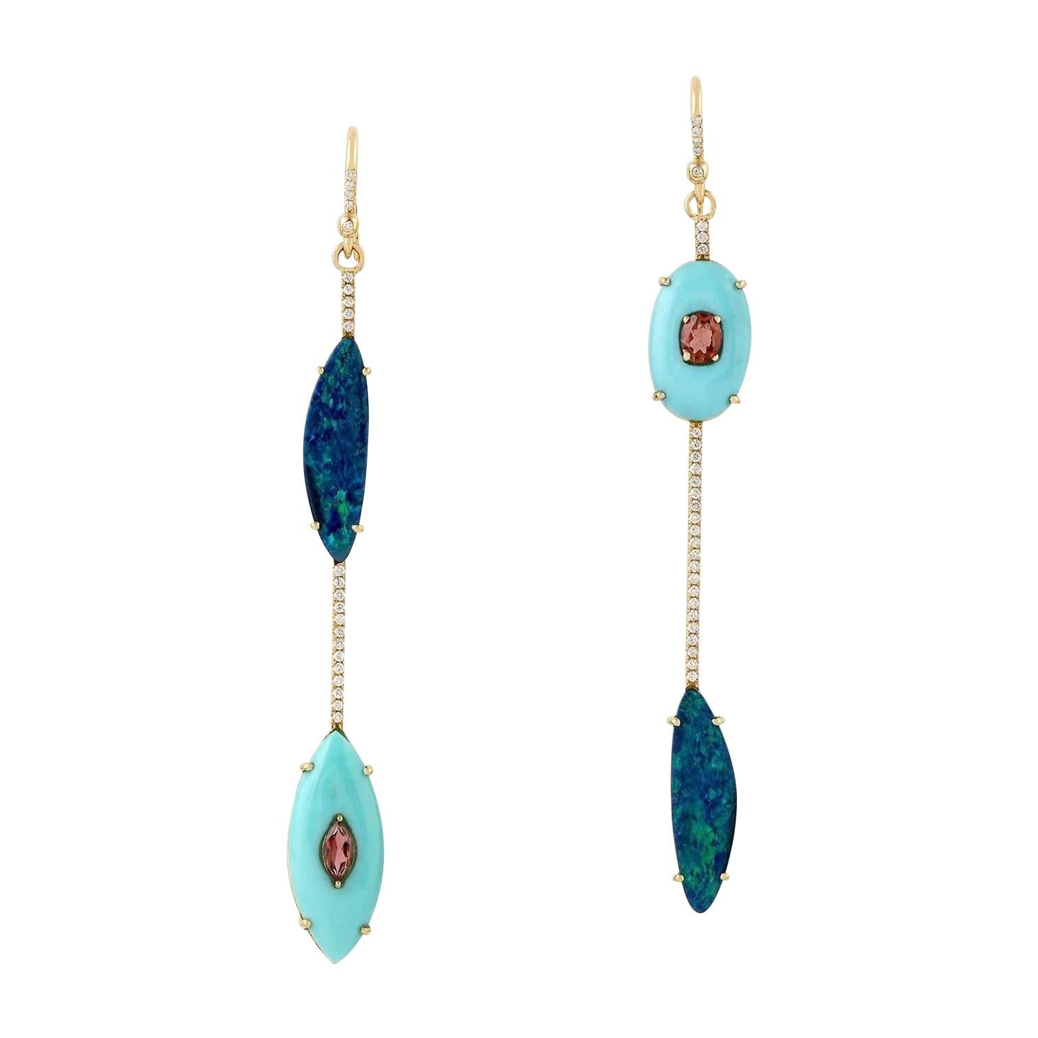 Opal Tourmaline Turquoise Diamond 18 Karat Gold Linear Earrings For Sale