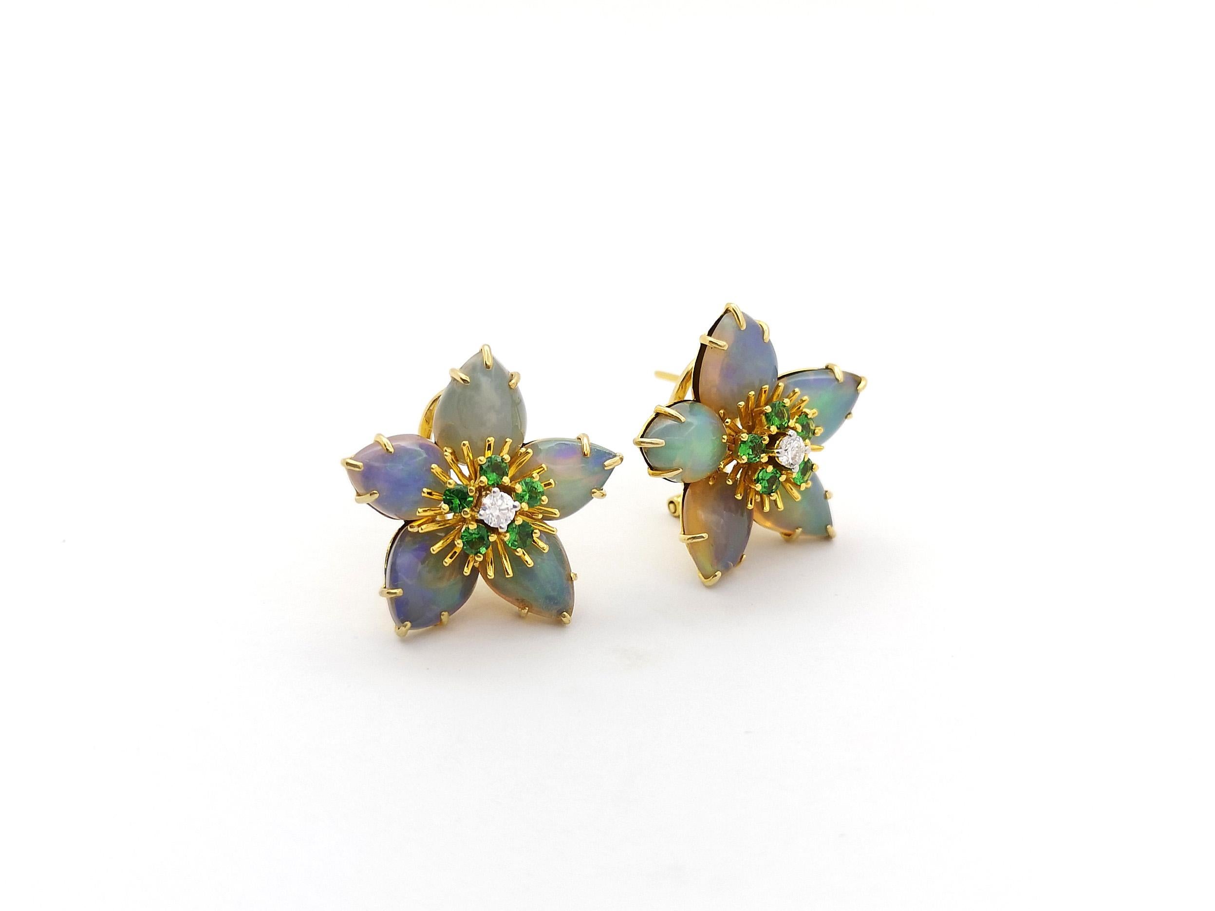 Contemporary Opal, Tsavorite and Diamond Star Earrings set in 18K Gold Settings For Sale