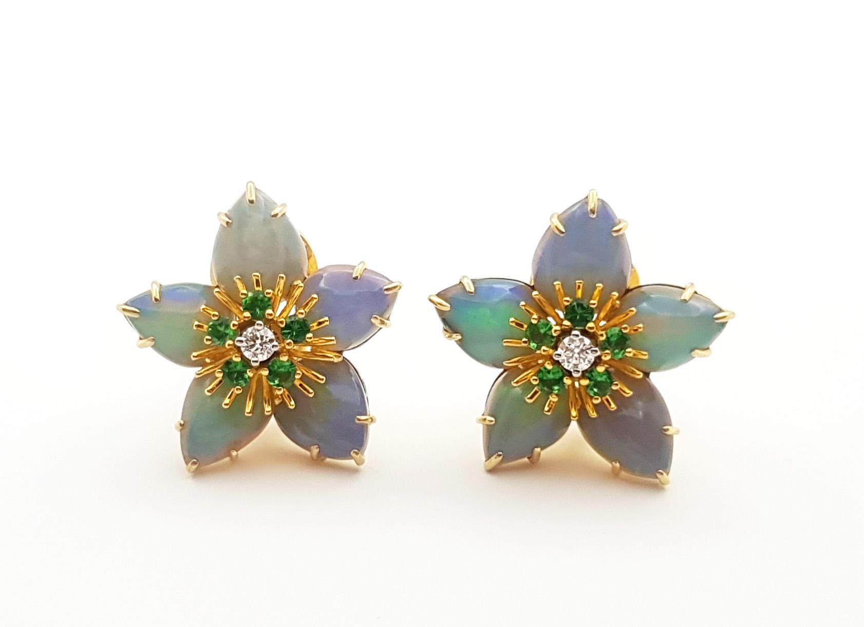 Cabochon Opal, Tsavorite and Diamond Star Earrings set in 18K Gold Settings For Sale