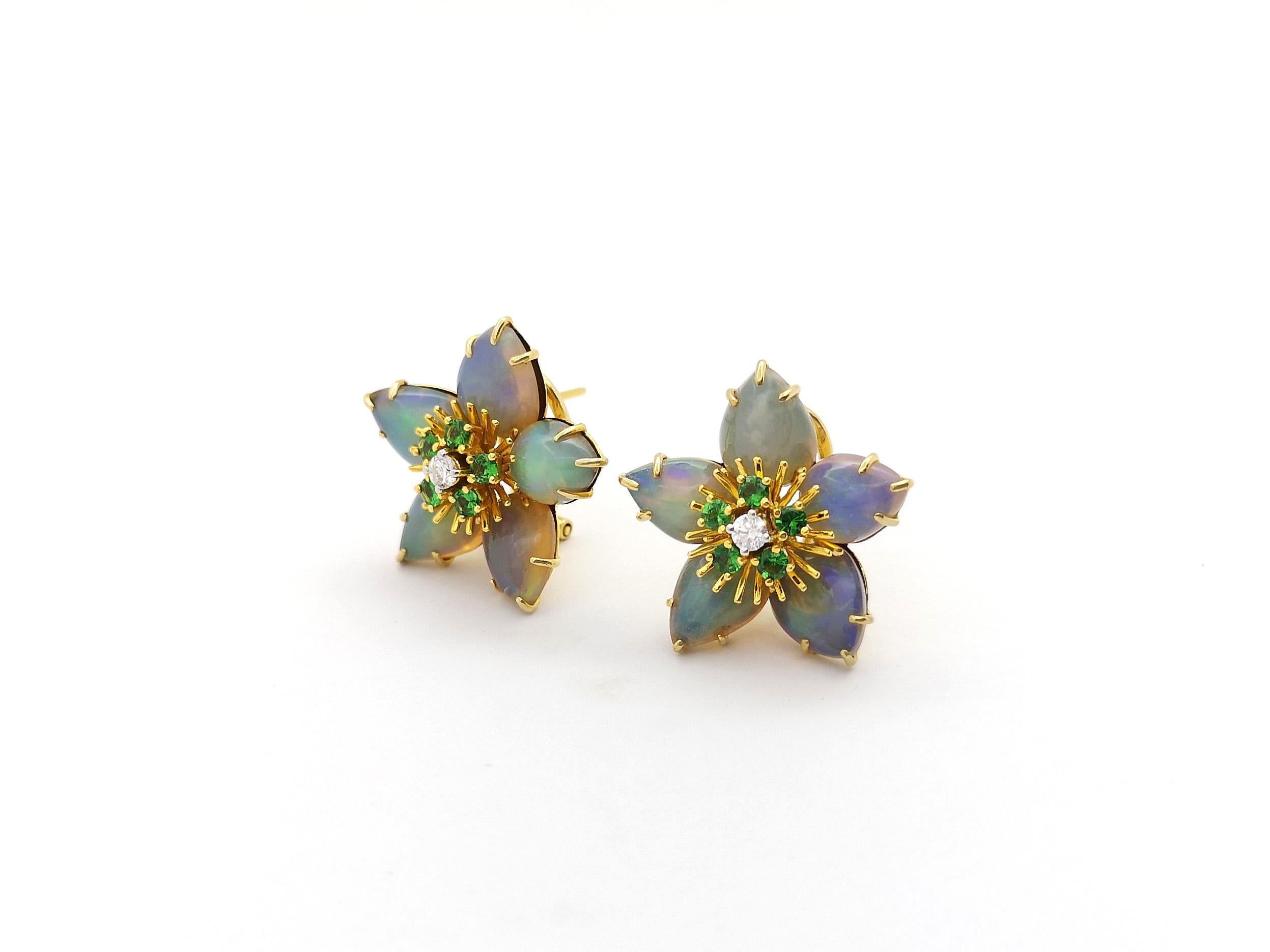 Women's Opal, Tsavorite and Diamond Star Earrings set in 18K Gold Settings For Sale