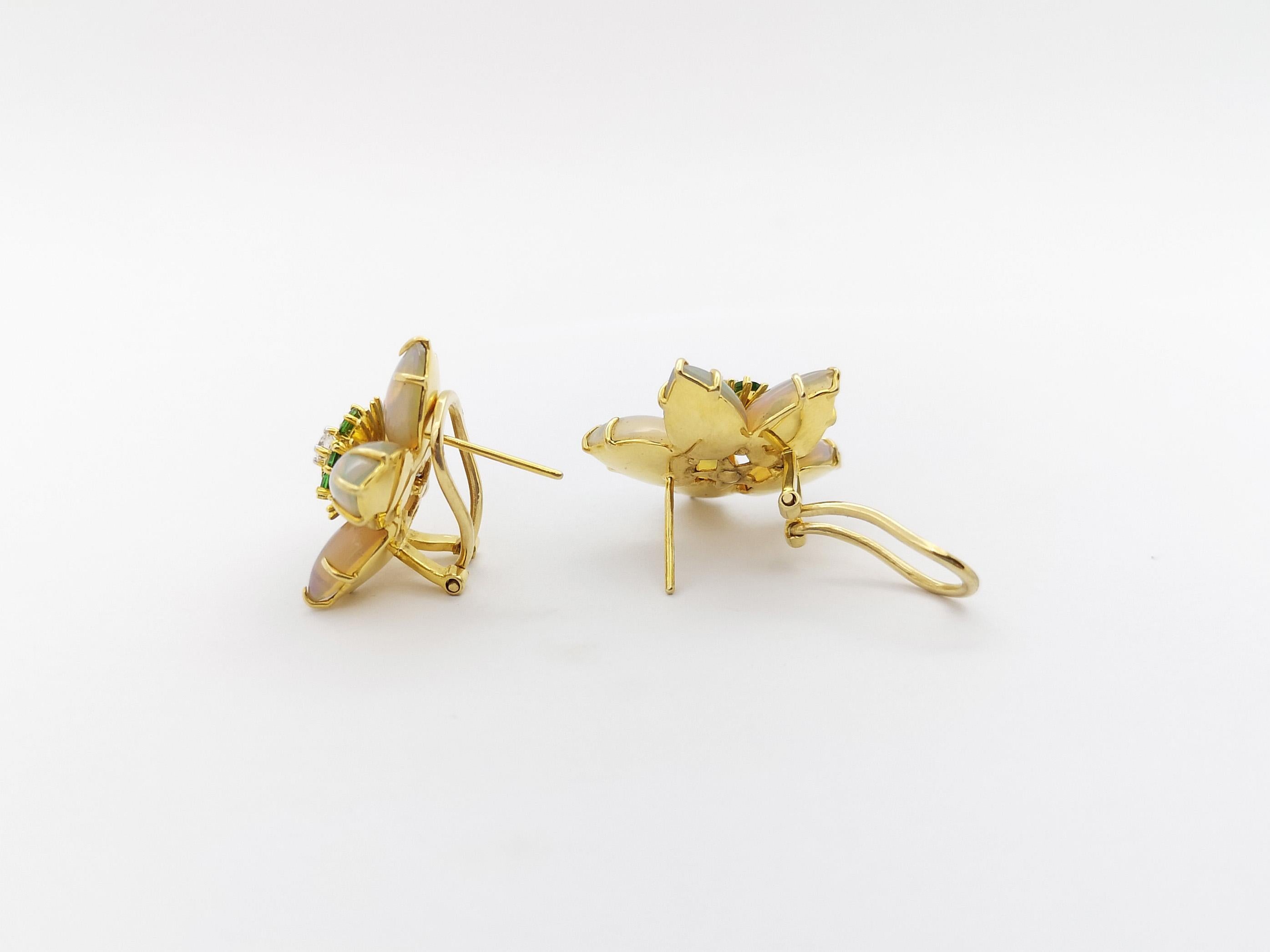 Opal, Tsavorite and Diamond Star Earrings set in 18K Gold Settings For Sale 1