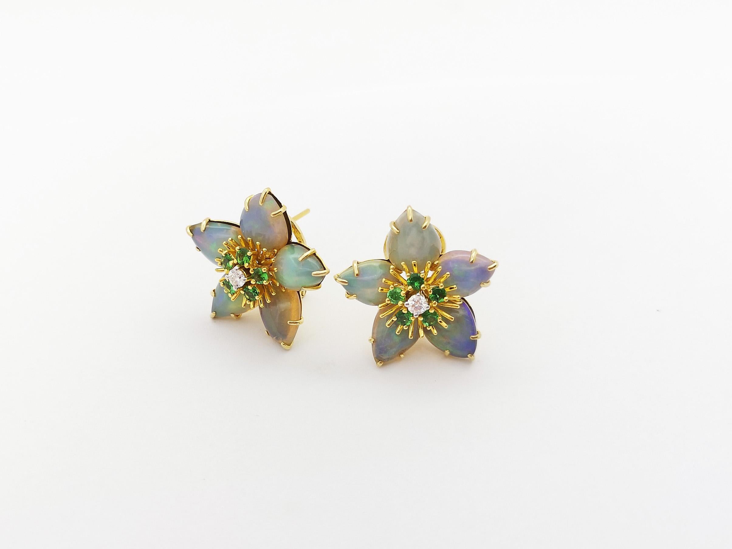 Opal, Tsavorite and Diamond Star Earrings set in 18K Gold Settings For Sale 3