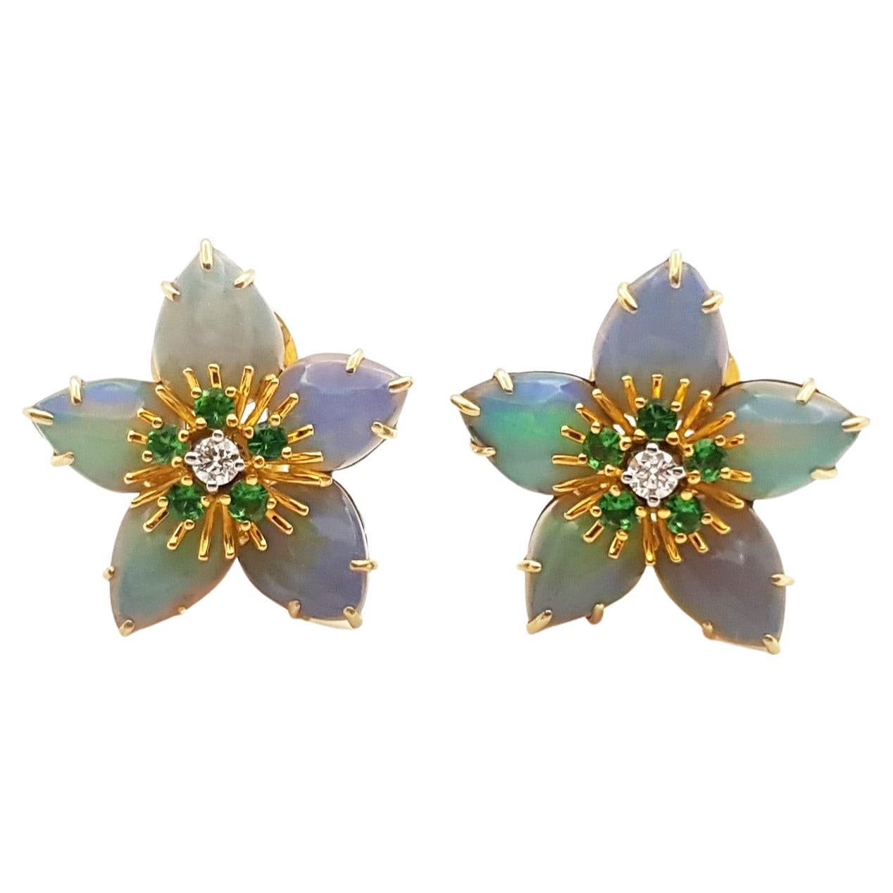 Opal, Tsavorite and Diamond Star Earrings set in 18K Gold Settings For Sale