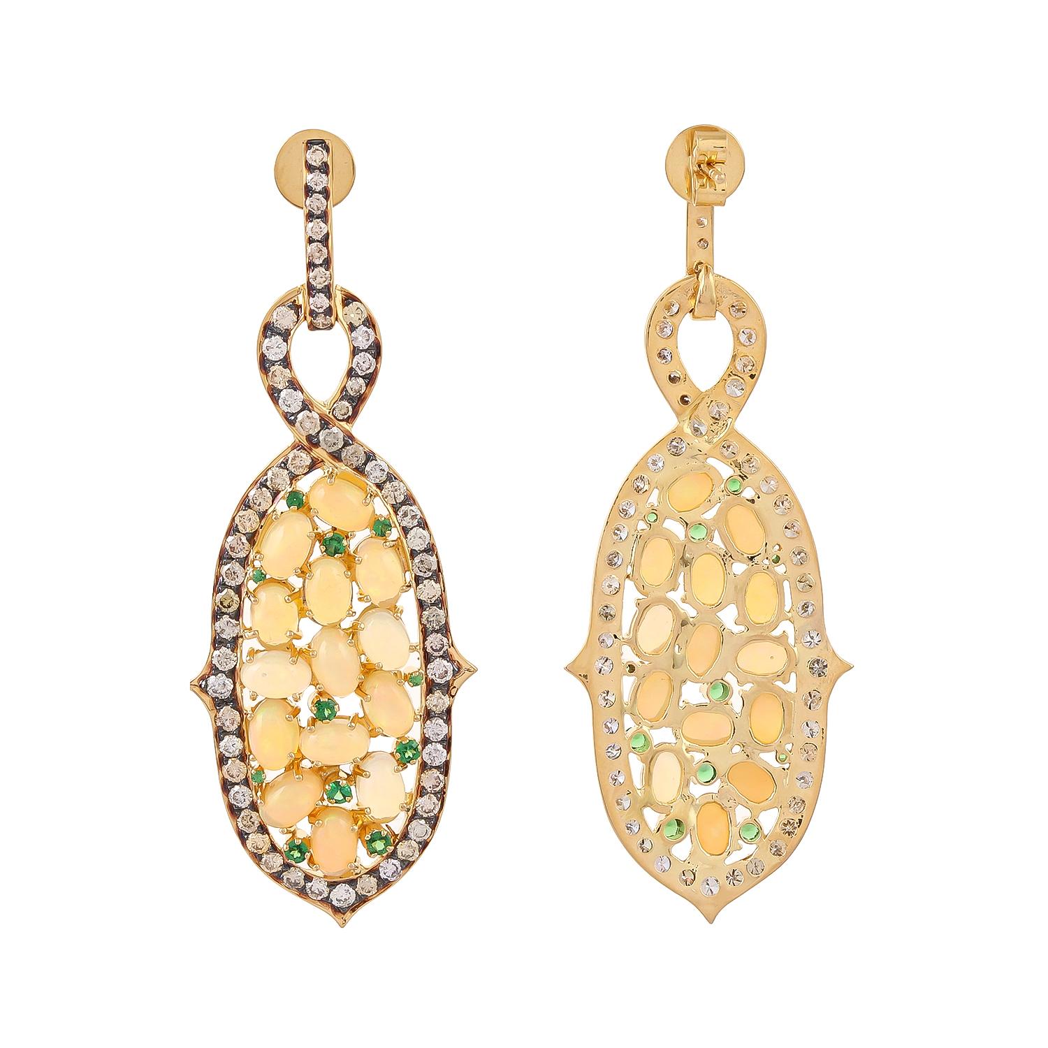 Byzantine Opal Tsavorite Diamond Earrings Accented in 18 Karat Gold With Black Rhodium For Sale