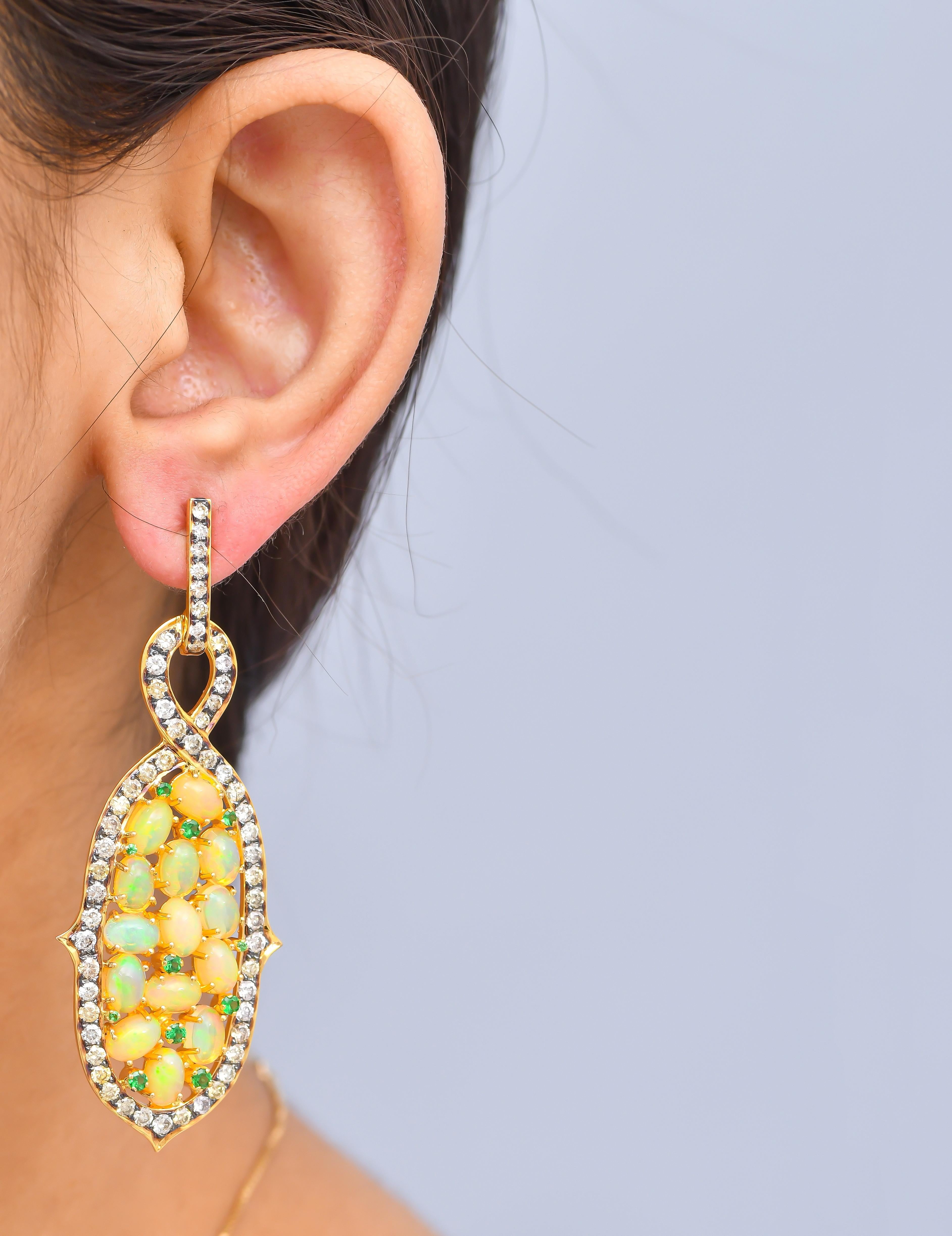 Oval Cut Opal Tsavorite Diamond Earrings Accented in 18 Karat Gold With Black Rhodium For Sale