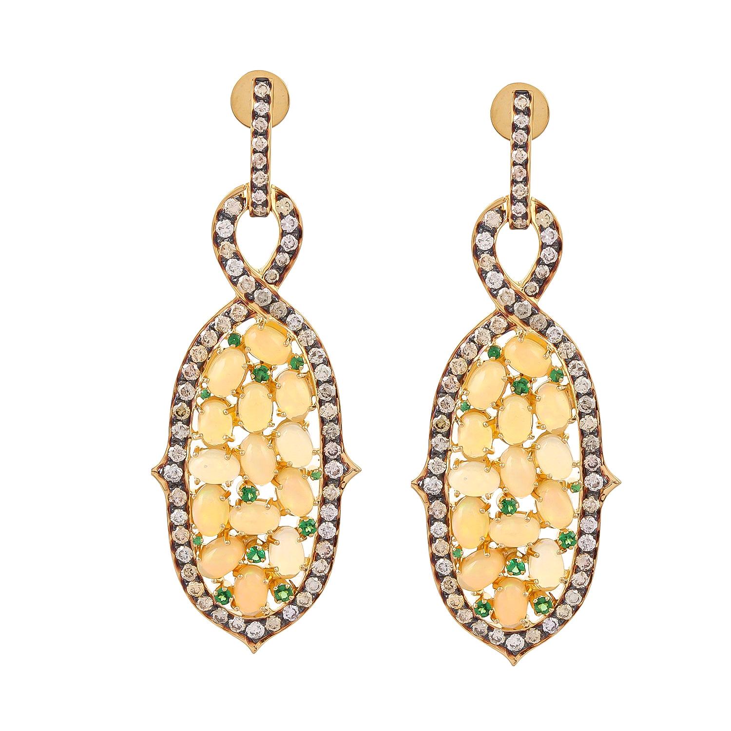 Opal Tsavorite Diamond Earrings Accented in 18 Karat Gold With Black Rhodium For Sale