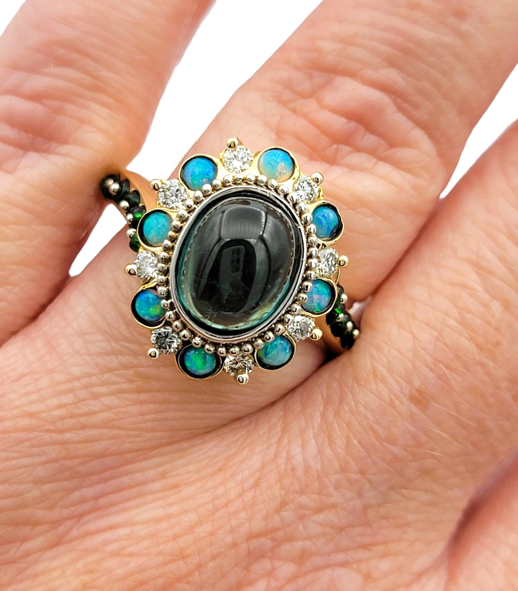 Opal, Tsavorite, Diamond & Tourmaline Halo Style Asymmetrical Ring 14 Karat Gold For Sale 4