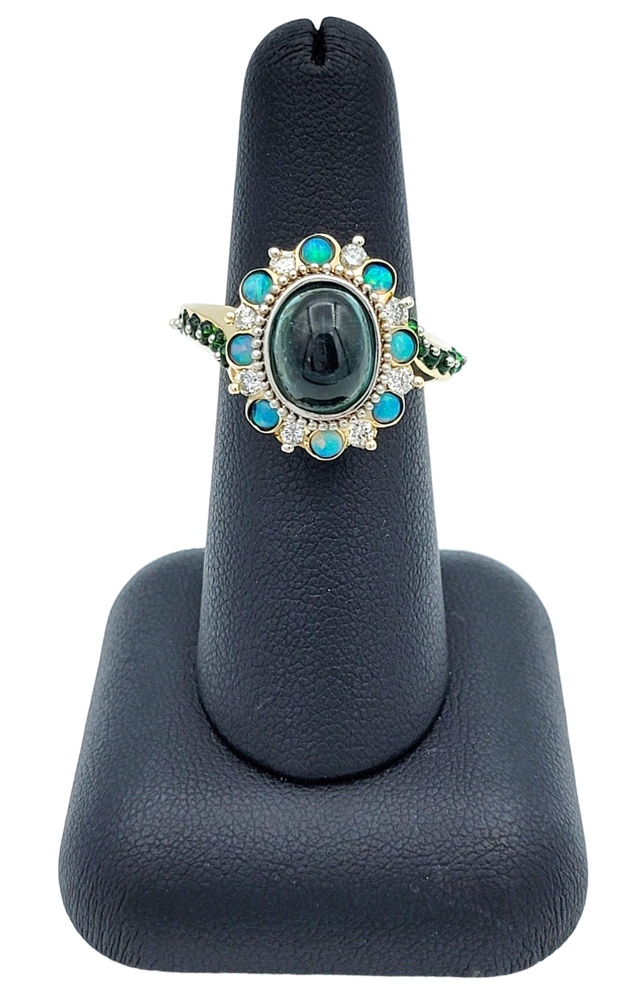 Opal, Tsavorite, Diamond & Tourmaline Halo Style Asymmetrical Ring 14 Karat Gold For Sale 5