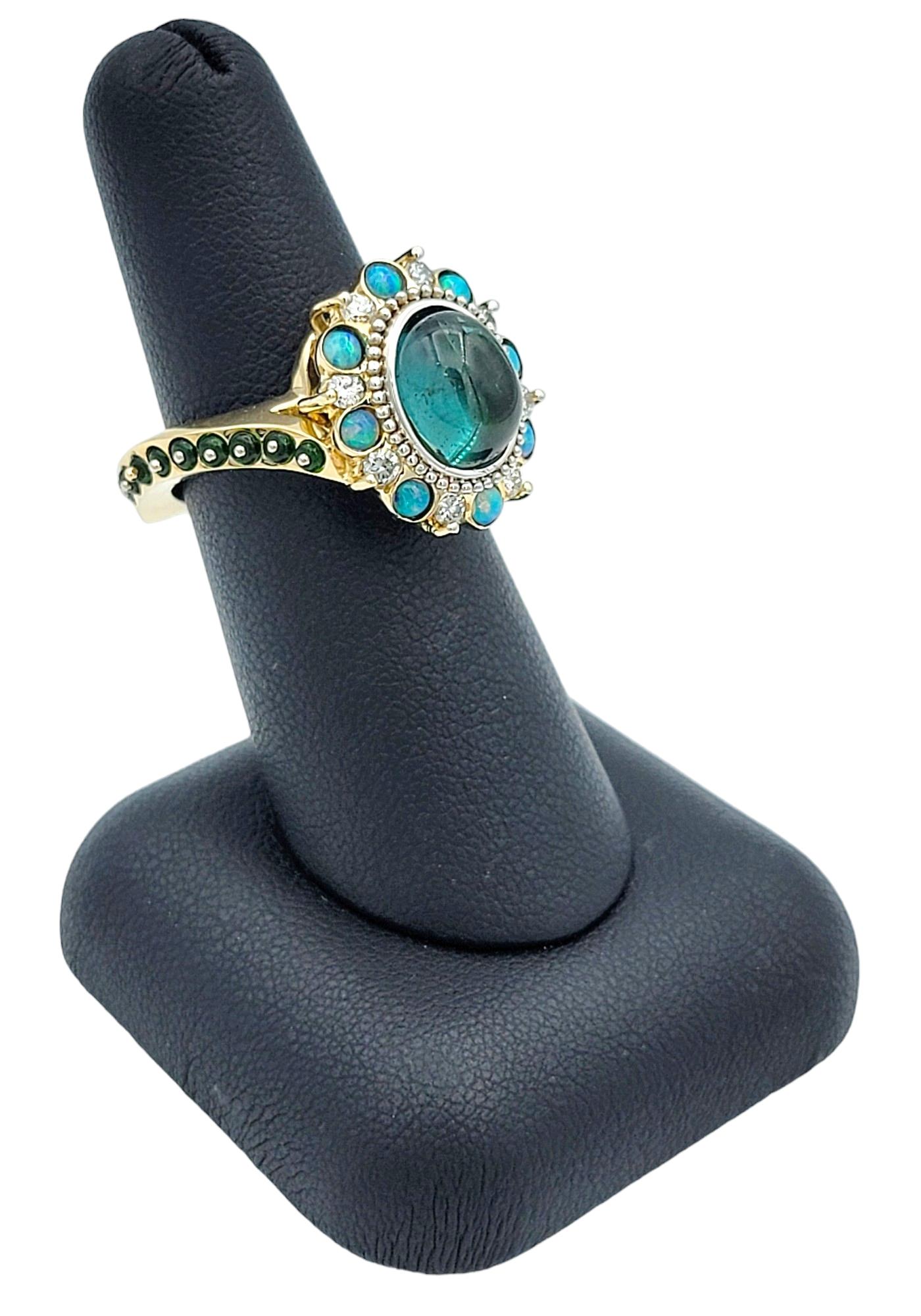 Opal, Tsavorite, Diamond & Tourmaline Halo Style Asymmetrical Ring 14 Karat Gold For Sale 6