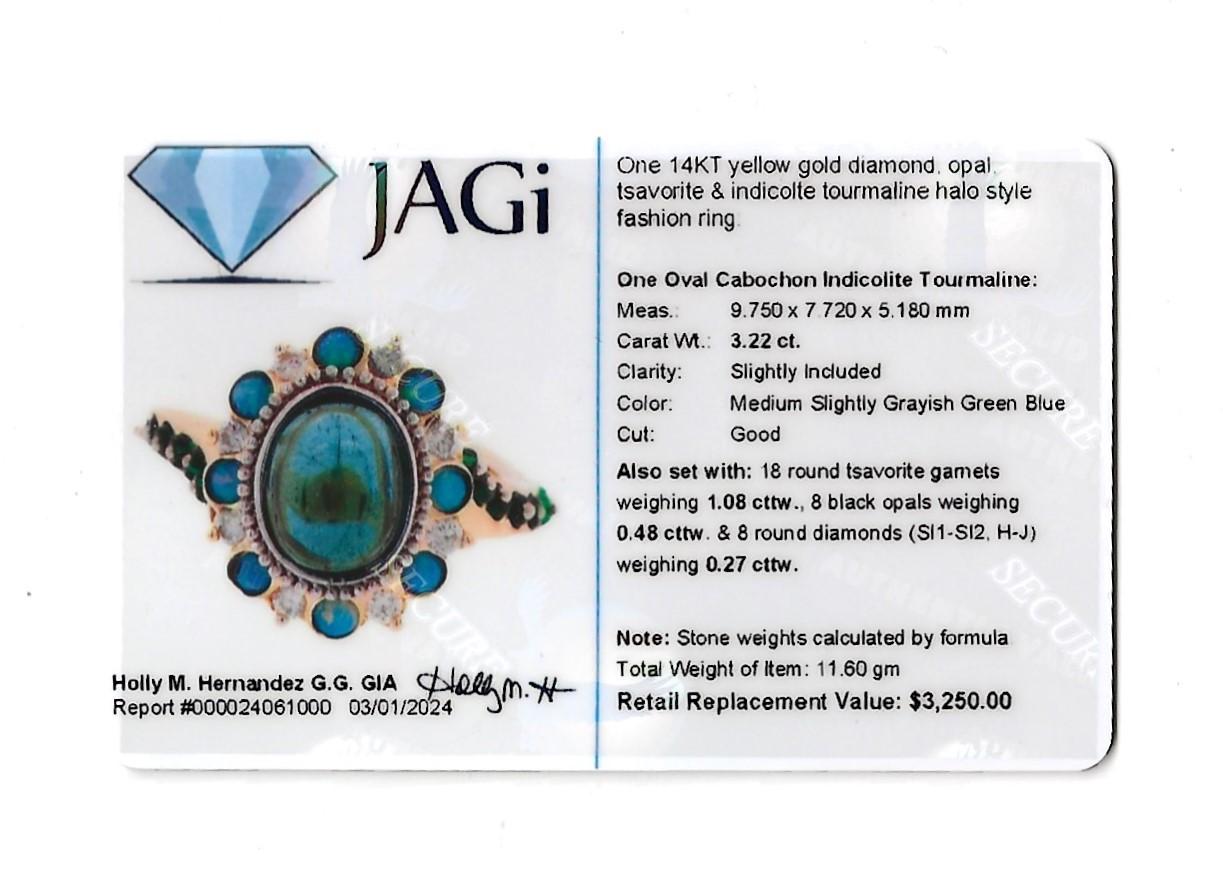 Opal, Tsavorite, Diamond & Tourmaline Halo Style Asymmetrical Ring 14 Karat Gold For Sale 7