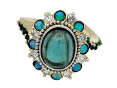 Opal, Tsavorite, Diamond & Tourmaline Halo Style Asymmetrical Ring 14 Karat Gold
