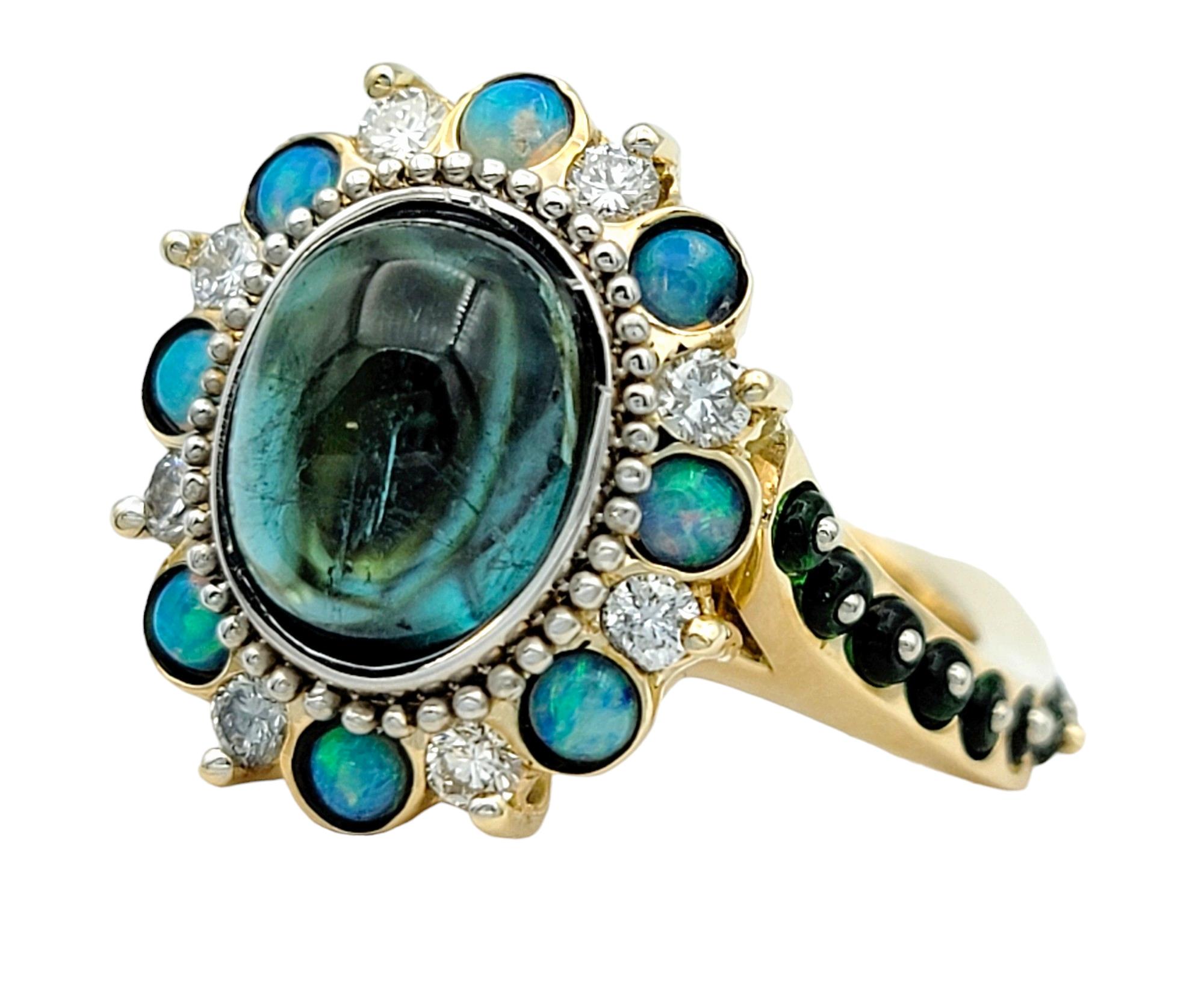 Contemporary Opal, Tsavorite, Diamond & Tourmaline Halo Style Asymmetrical Ring 14 Karat Gold For Sale