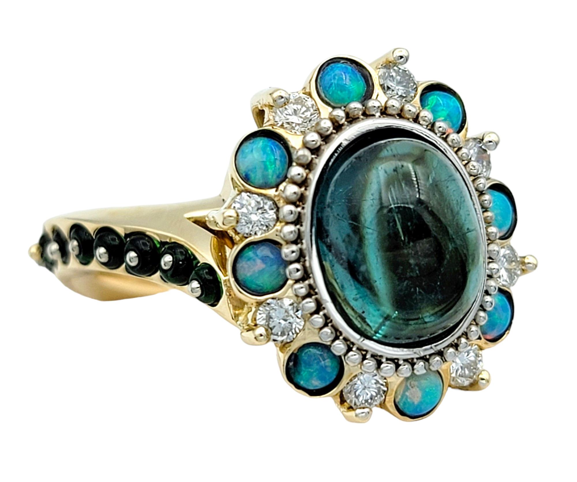 Cabochon Opal, Tsavorite, Diamond & Tourmaline Halo Style Asymmetrical Ring 14 Karat Gold For Sale