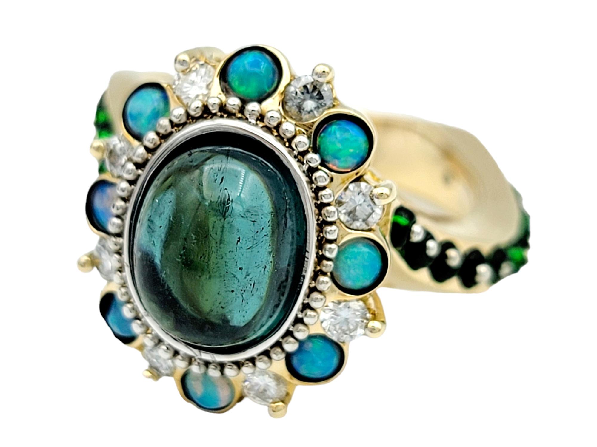 Opal, Tsavorite, Diamond & Tourmaline Halo Style Asymmetrical Ring 14 Karat Gold In Good Condition For Sale In Scottsdale, AZ