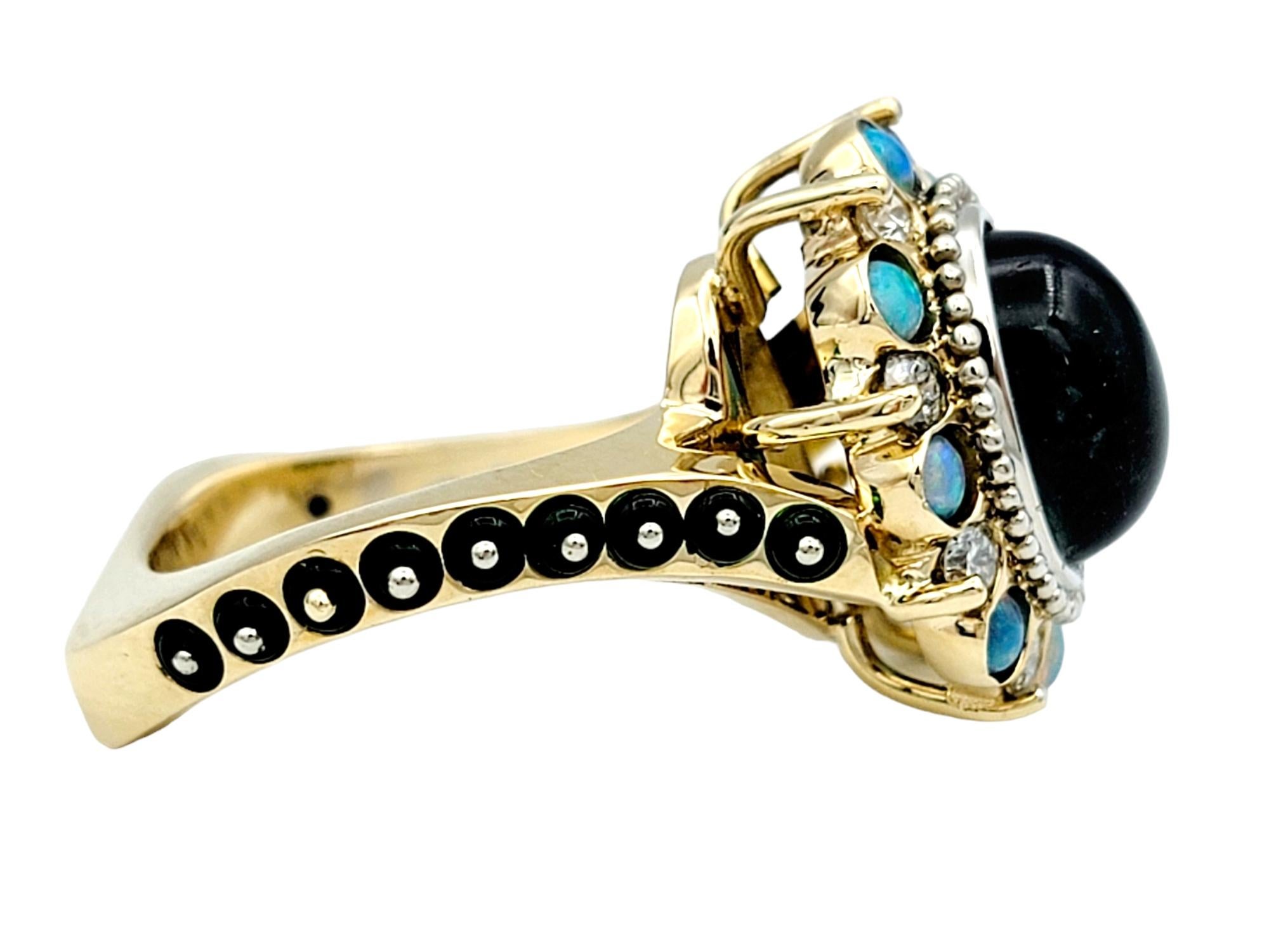 Women's Opal, Tsavorite, Diamond & Tourmaline Halo Style Asymmetrical Ring 14 Karat Gold For Sale