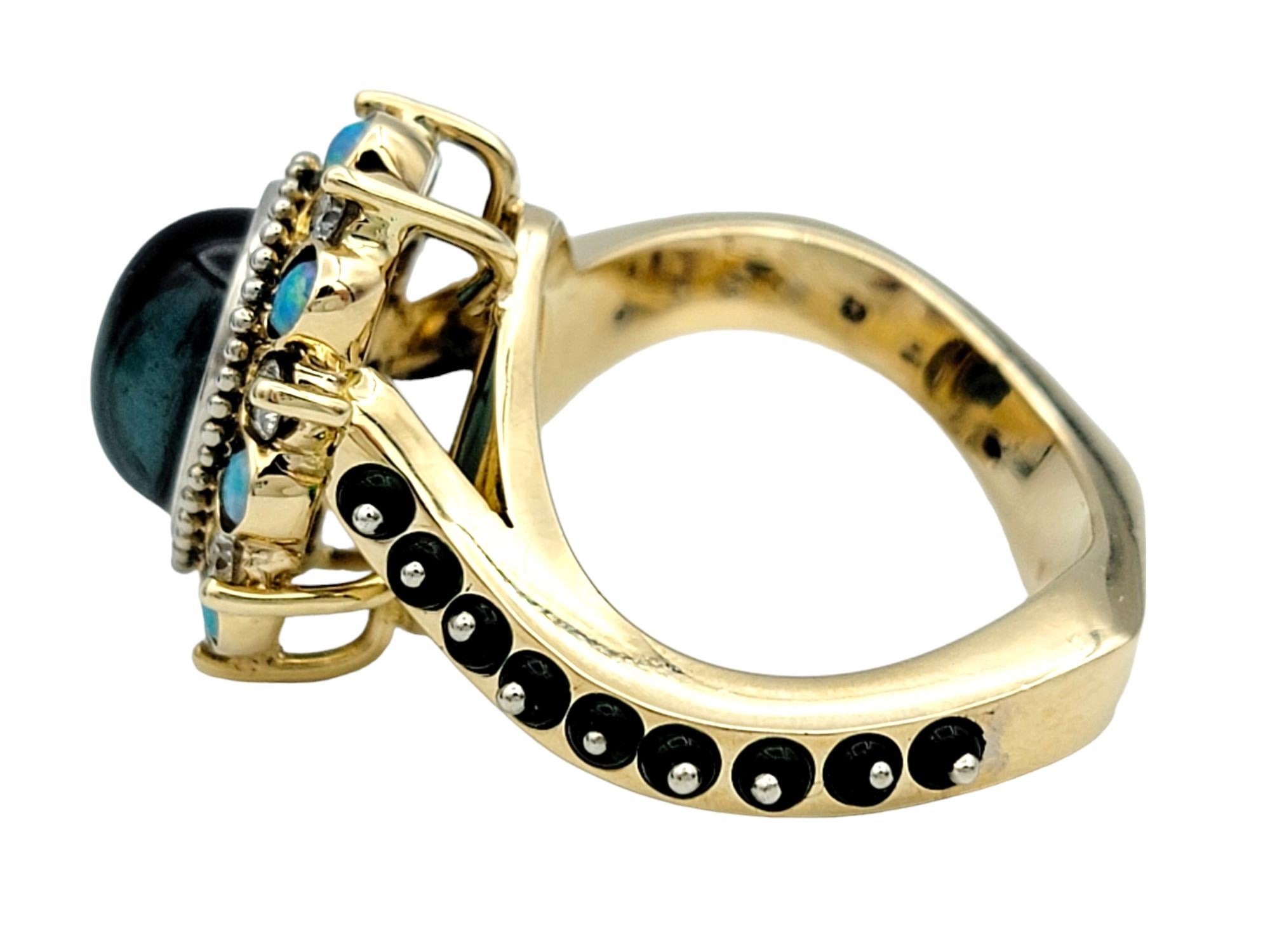 Opal, Tsavorite, Diamond & Tourmaline Halo Style Asymmetrical Ring 14 Karat Gold For Sale 1