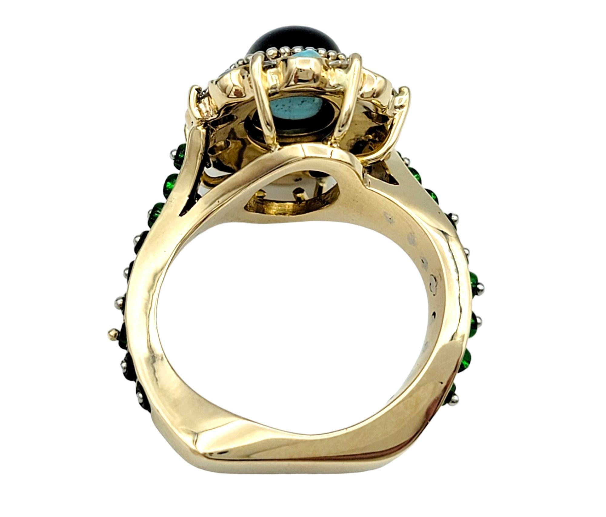 Opal, Tsavorite, Diamond & Tourmaline Halo Style Asymmetrical Ring 14 Karat Gold For Sale 2