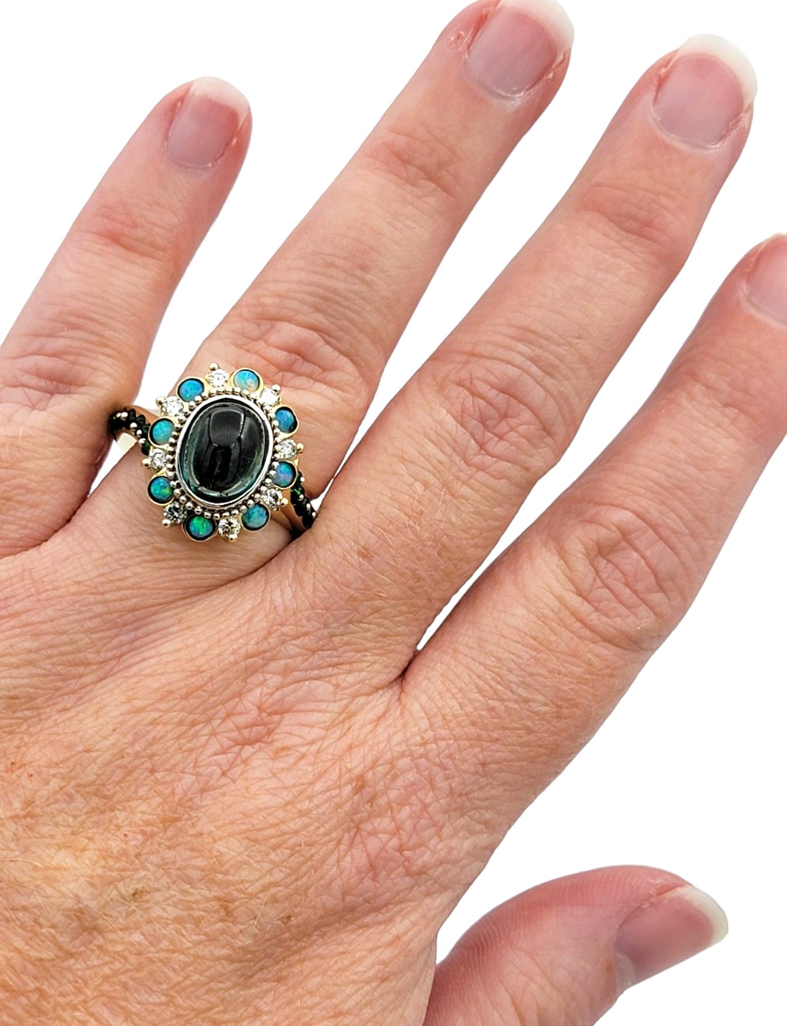 Opal, Tsavorite, Diamond & Tourmaline Halo Style Asymmetrical Ring 14 Karat Gold For Sale 3