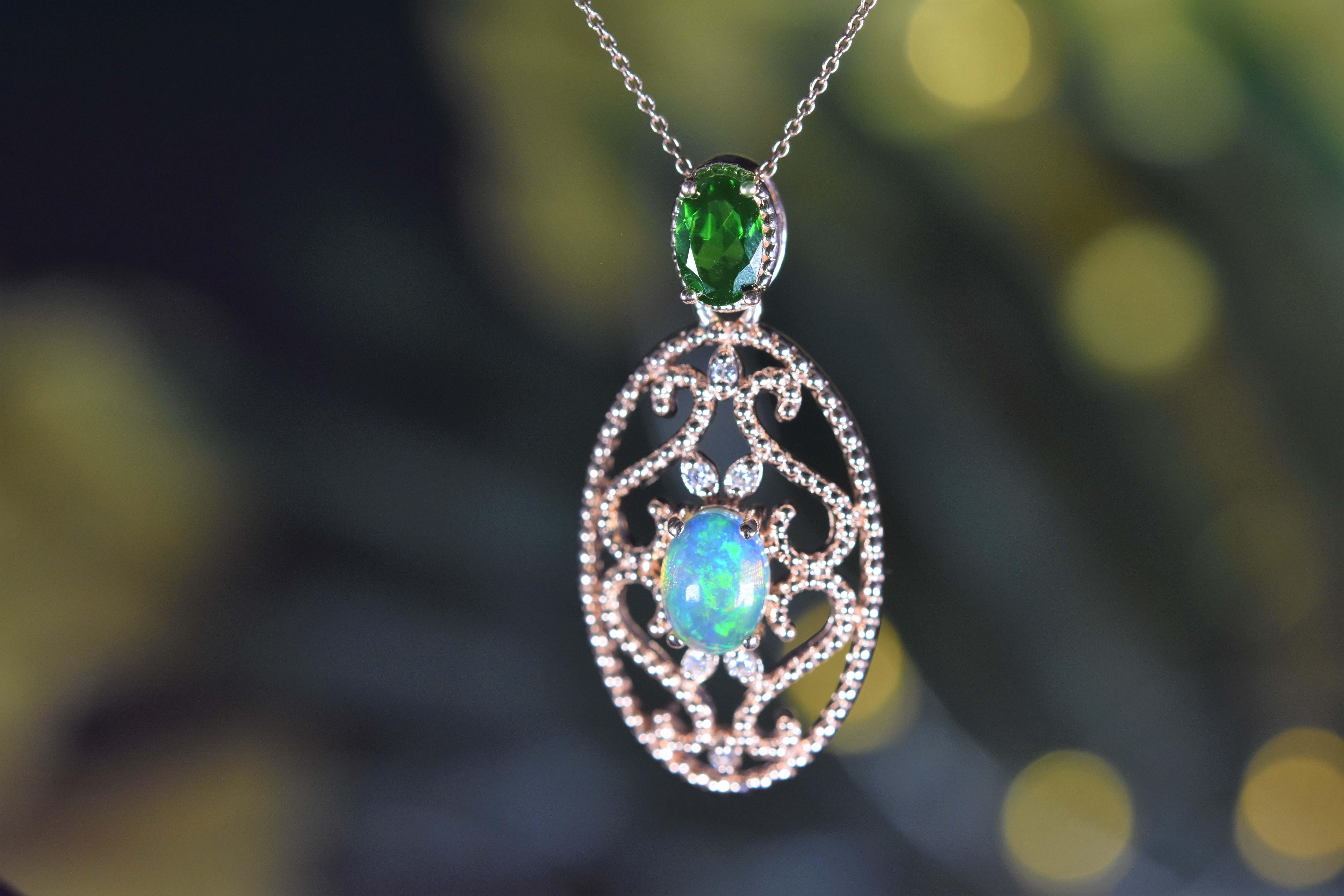 Opal Tsavorite Garnet Diamond Necklace in 14kt Rose Gold In New Condition For Sale In New York, NY