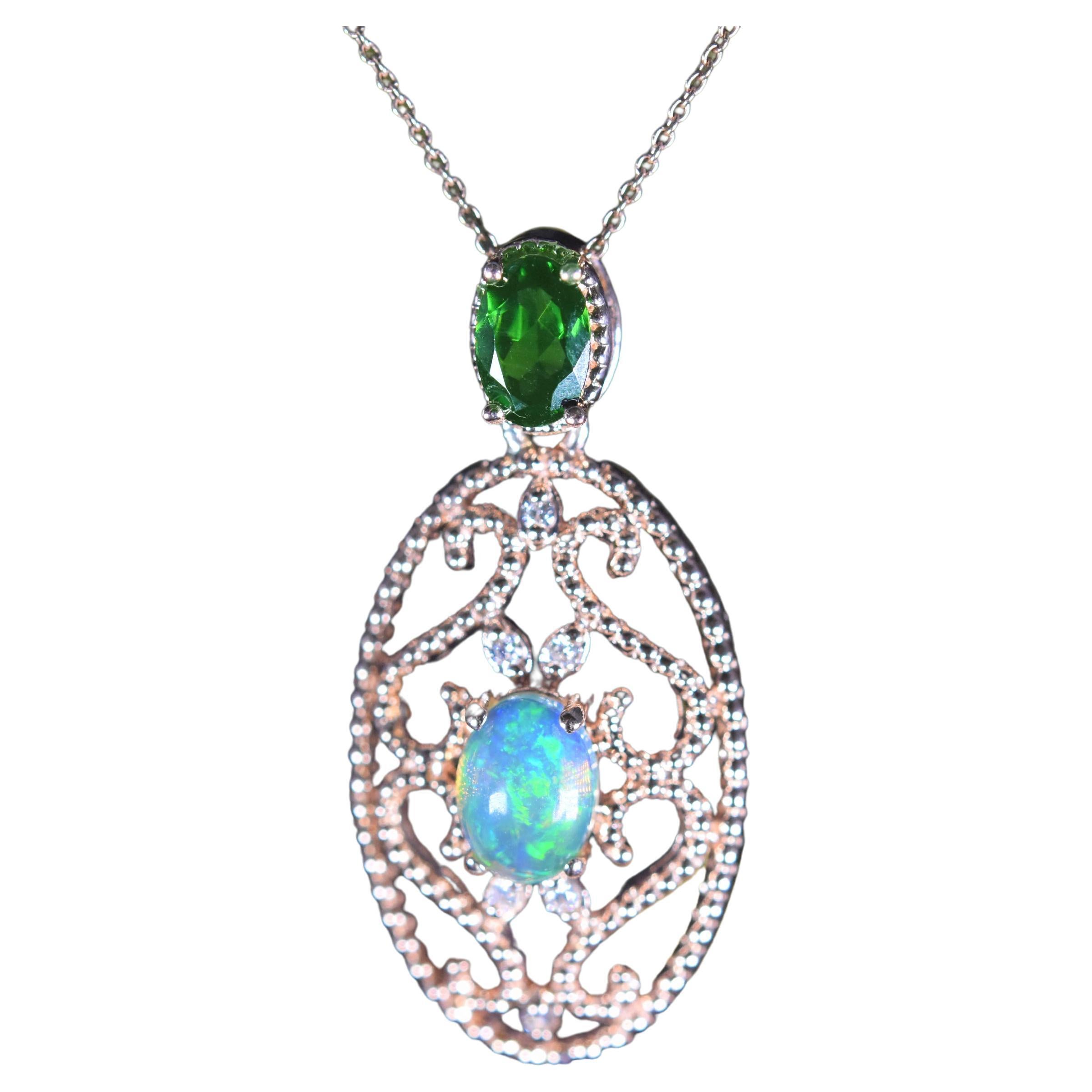 Opal Tsavorite Garnet Diamond Necklace in 14kt Rose Gold For Sale