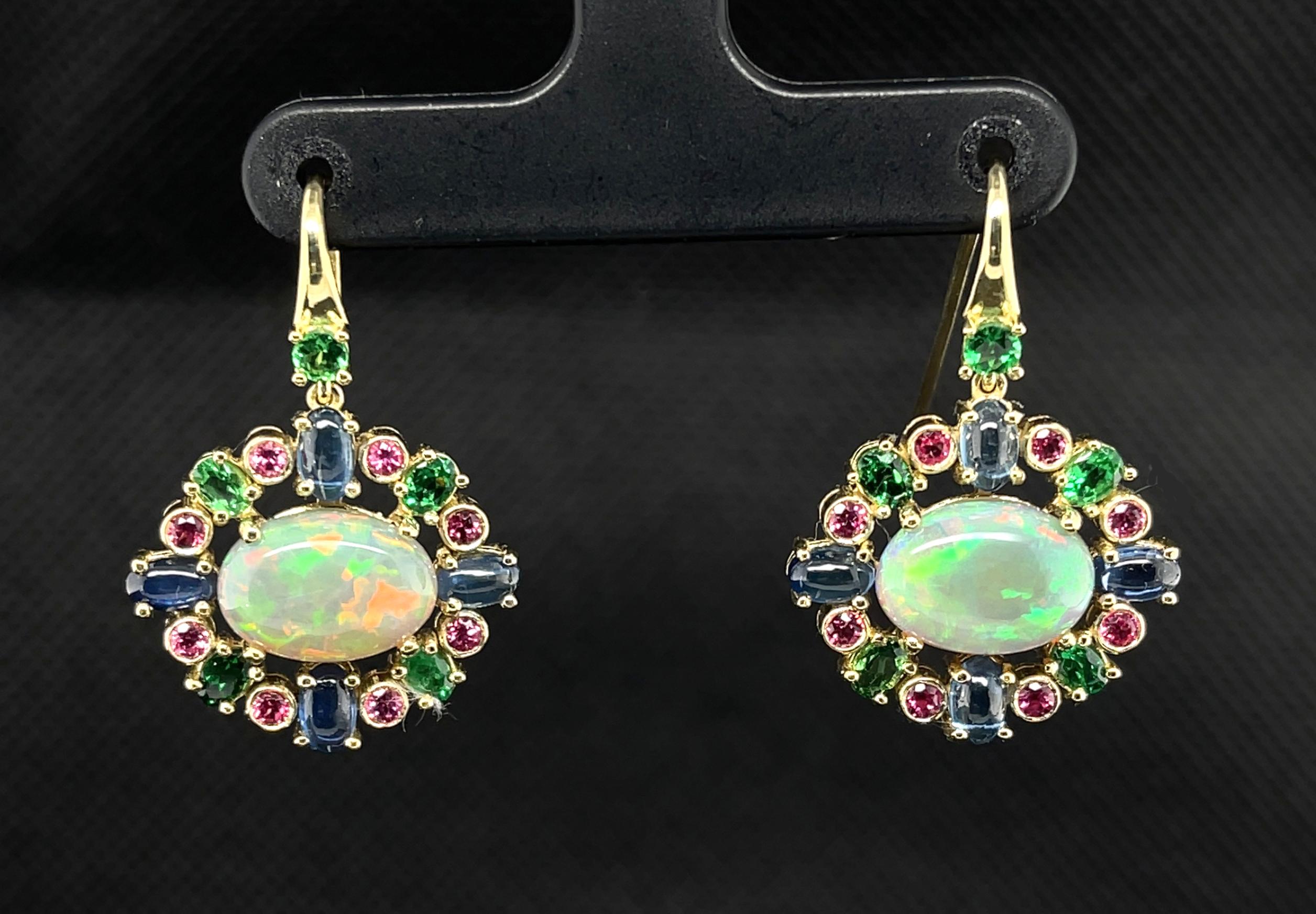 Artisan Opal, Tsavorite, Pink Spinel, and Blue Sapphire Dangle Earrings in Yellow Gold For Sale