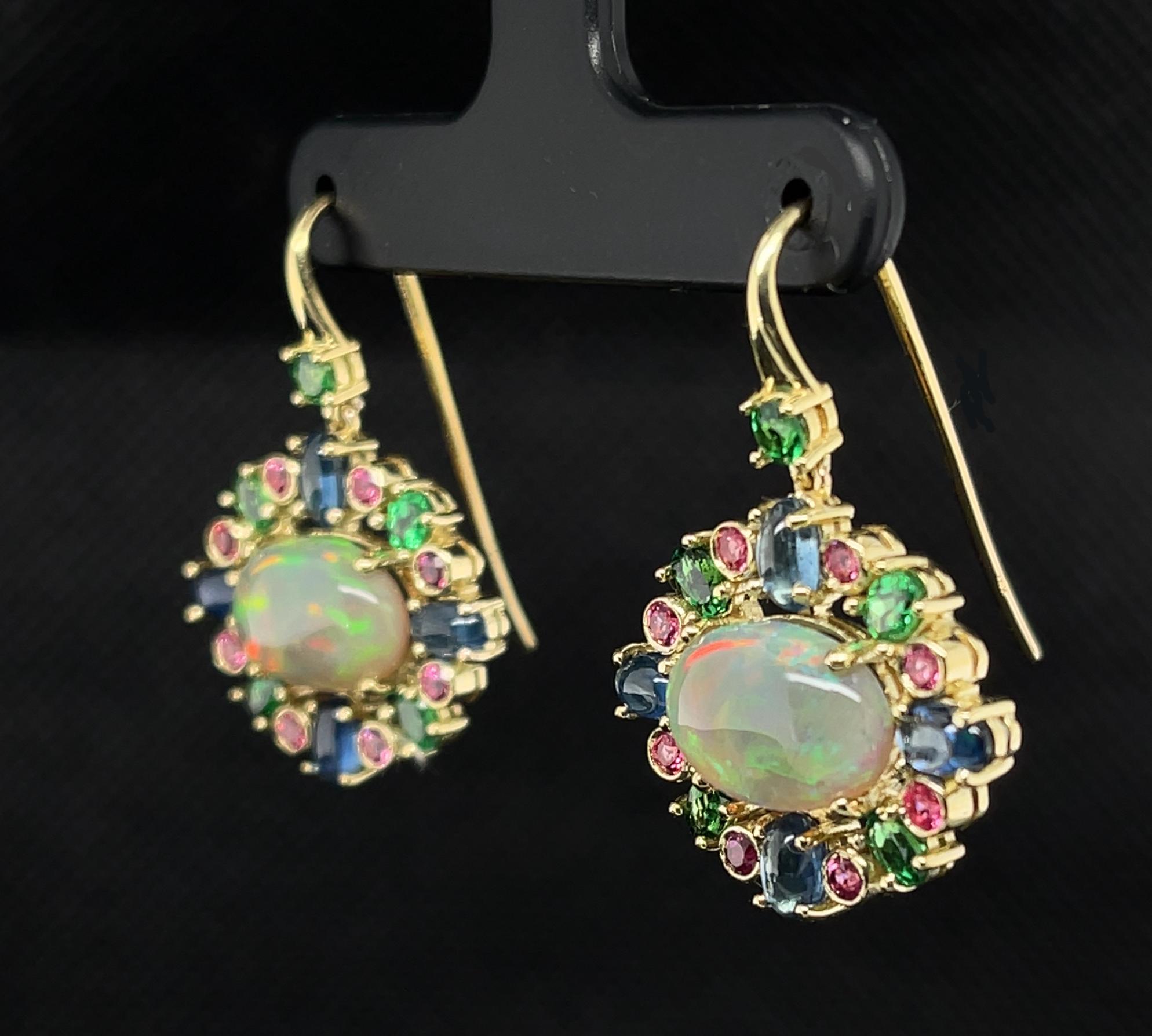 Cabochon Opal, Tsavorite, Pink Spinel, and Blue Sapphire Dangle Earrings in Yellow Gold For Sale