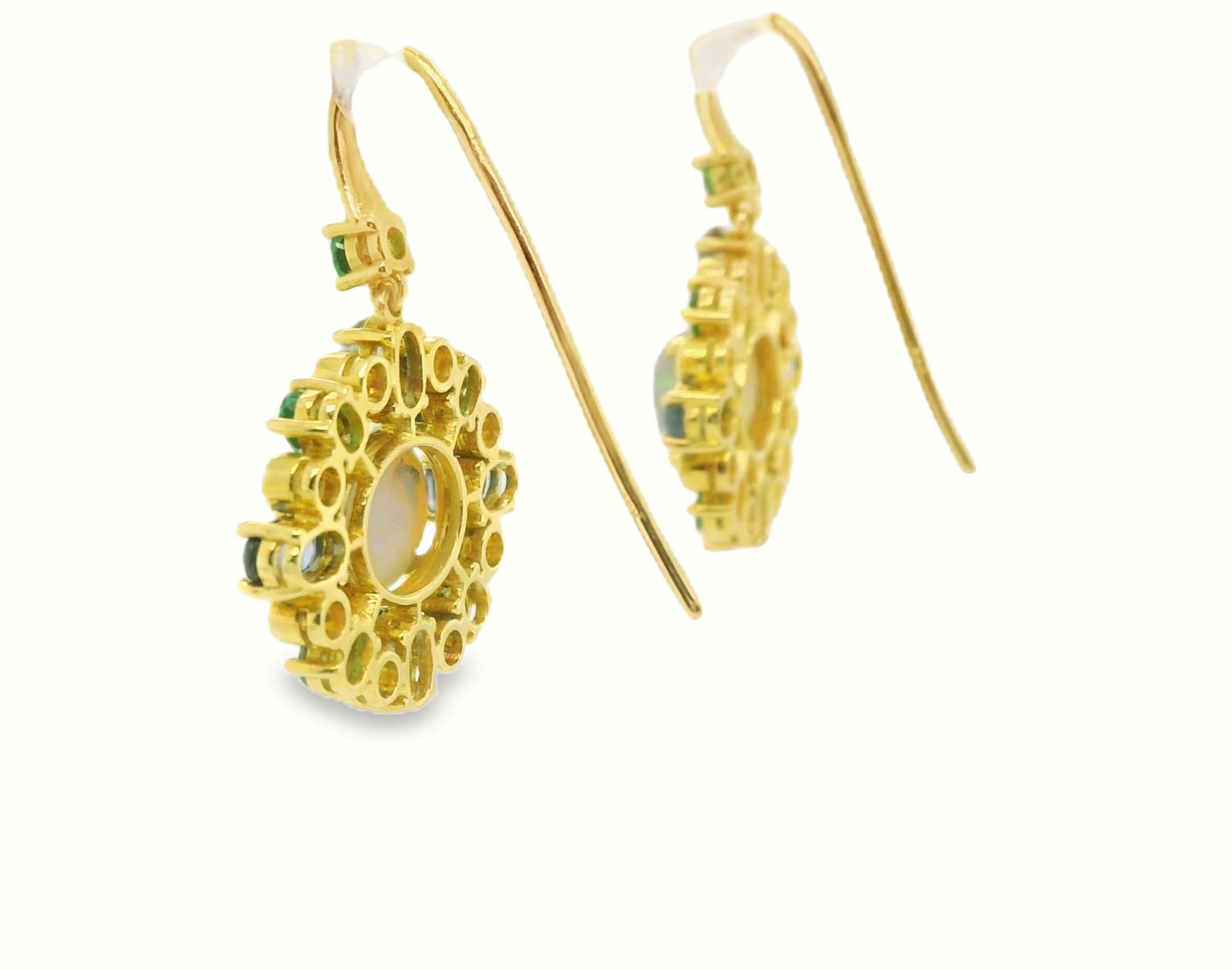 Artisan Opal, Tsavorite Garnet, Pink Spinel, Blue Sapphire Yellow Gold Dangle Earrings For Sale