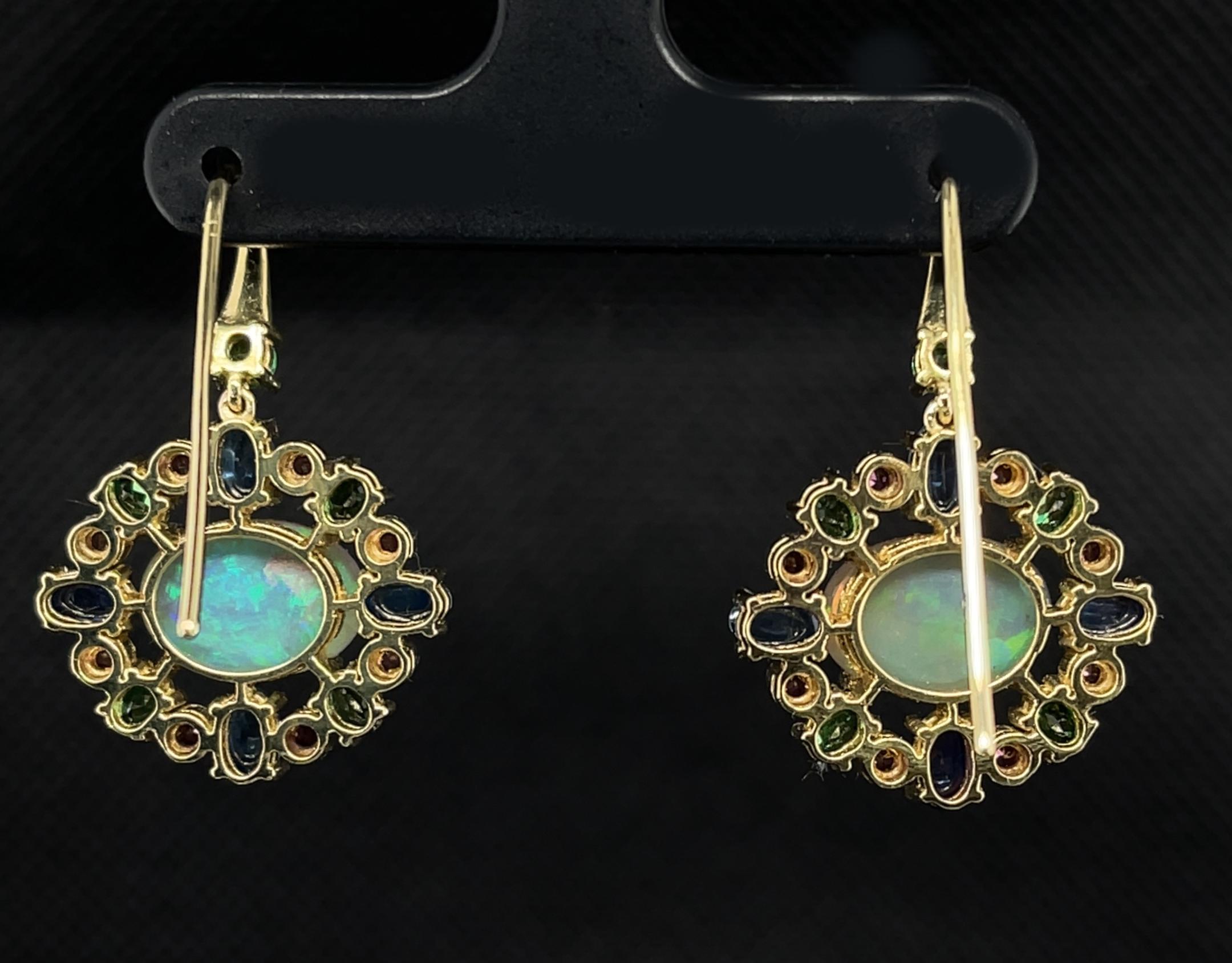 Opal, Tsavorite, Pink Spinel, and Blue Sapphire Dangle Earrings in Yellow Gold In New Condition For Sale In Los Angeles, CA