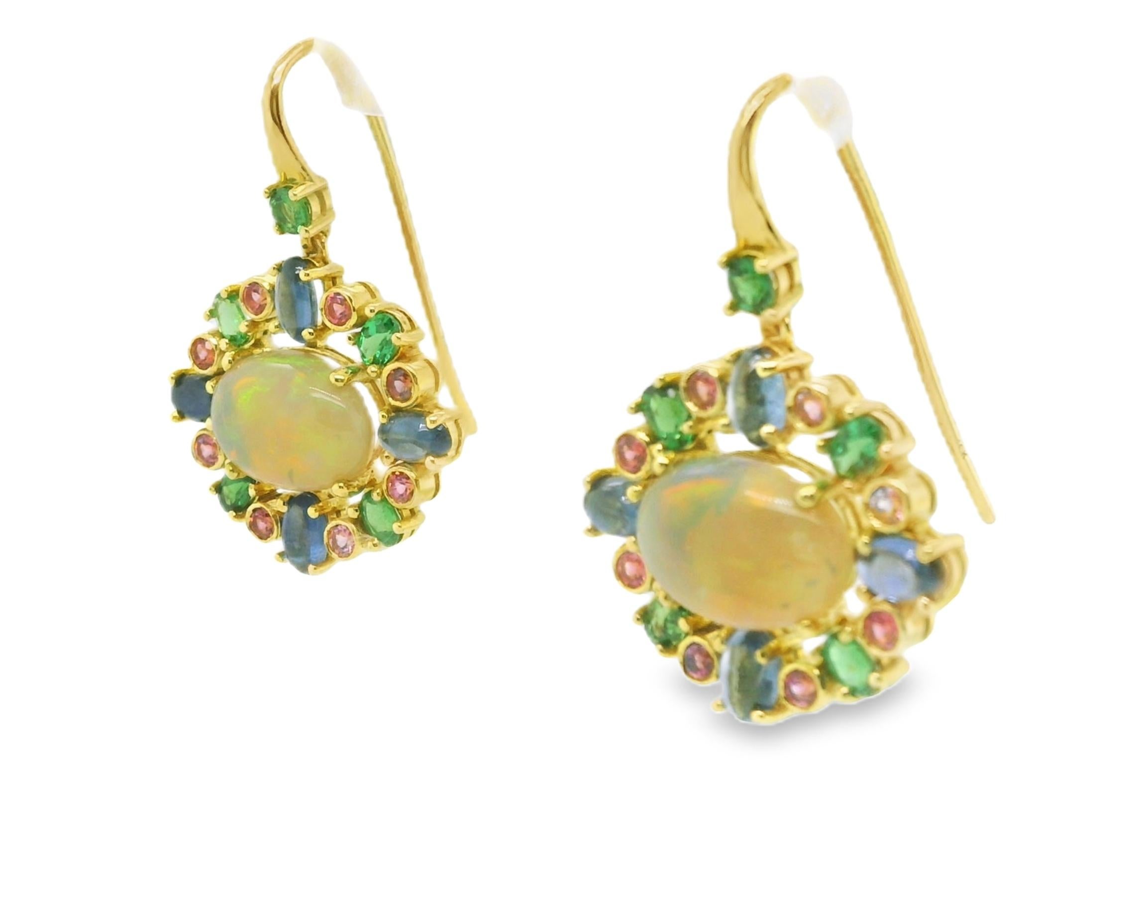 Cabochon Opal, Tsavorite Garnet, Pink Spinel, Blue Sapphire Yellow Gold Dangle Earrings For Sale