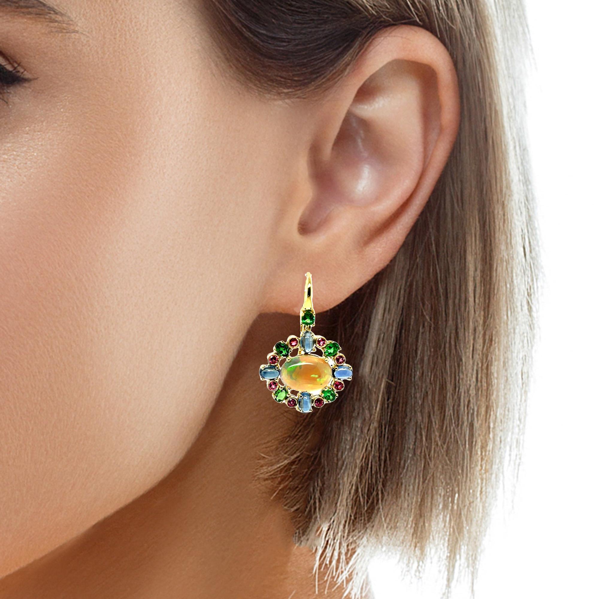 Women's Opal, Tsavorite, Pink Spinel, and Blue Sapphire Dangle Earrings in Yellow Gold For Sale